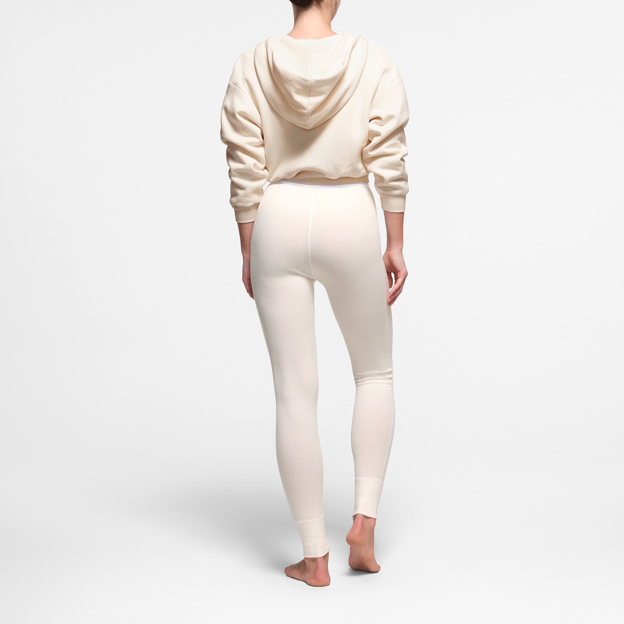COTTON FLEECE WAFFLE LINED SHRUNKEN ZIP UP HOODIE | ECRU
