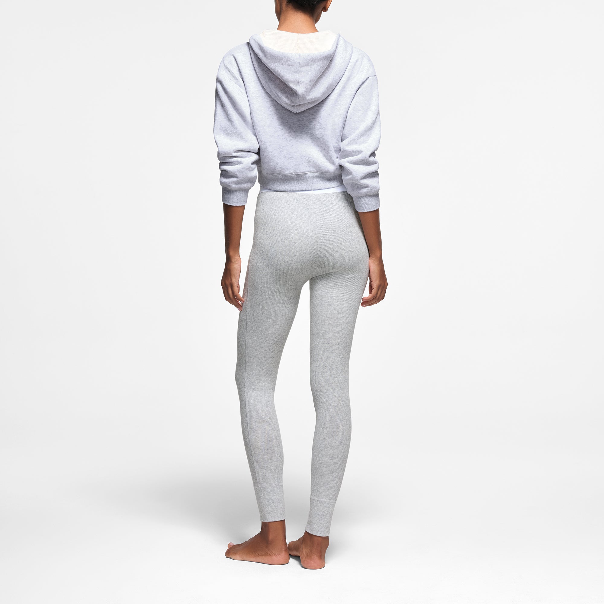 COTTON FLEECE WAFFLE LINED SHRUNKEN ZIP UP HOODIE | LIGHT HEATHER GREY | XXS