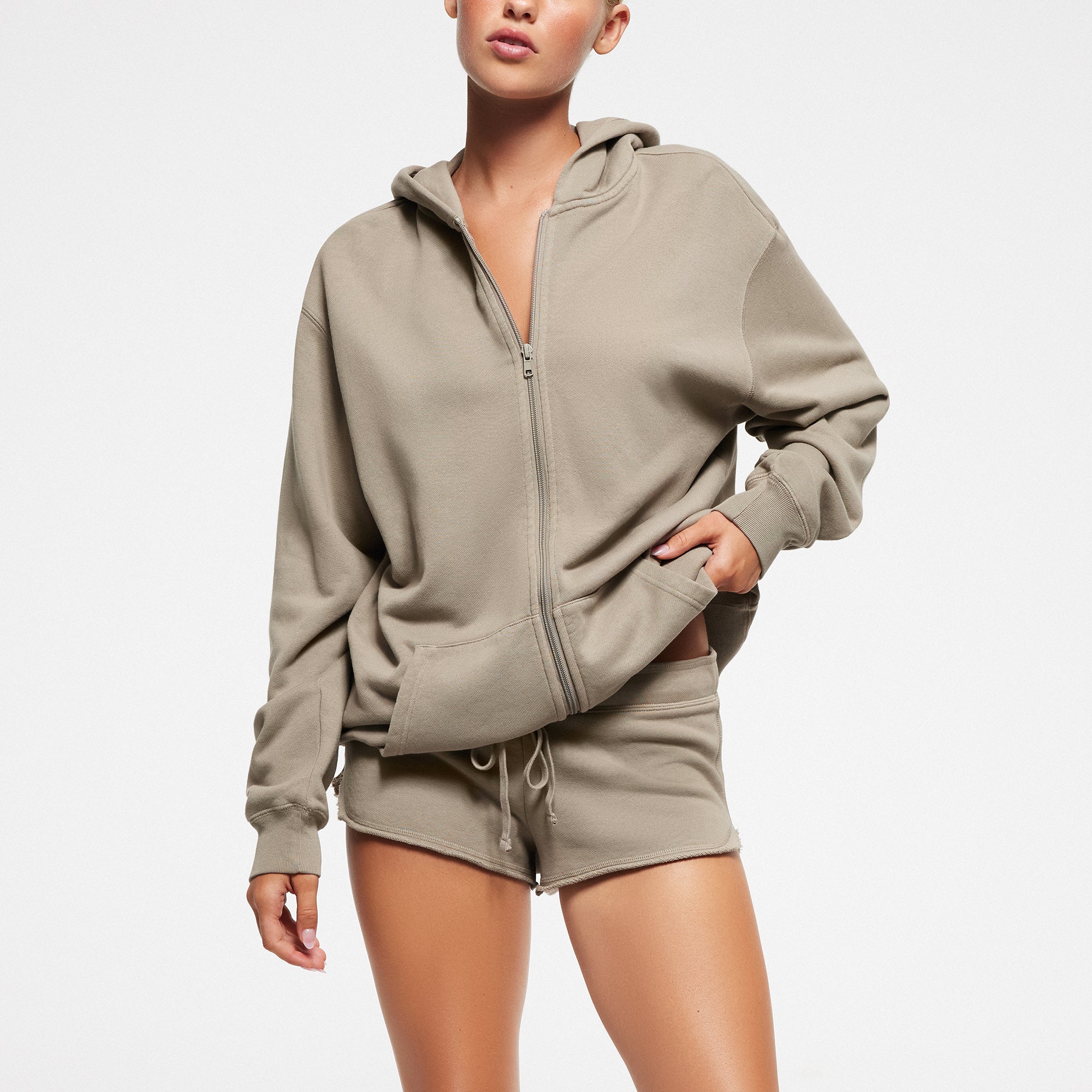 FRENCH TERRY OVERSIZED ZIP UP HOODIE TAUPE
