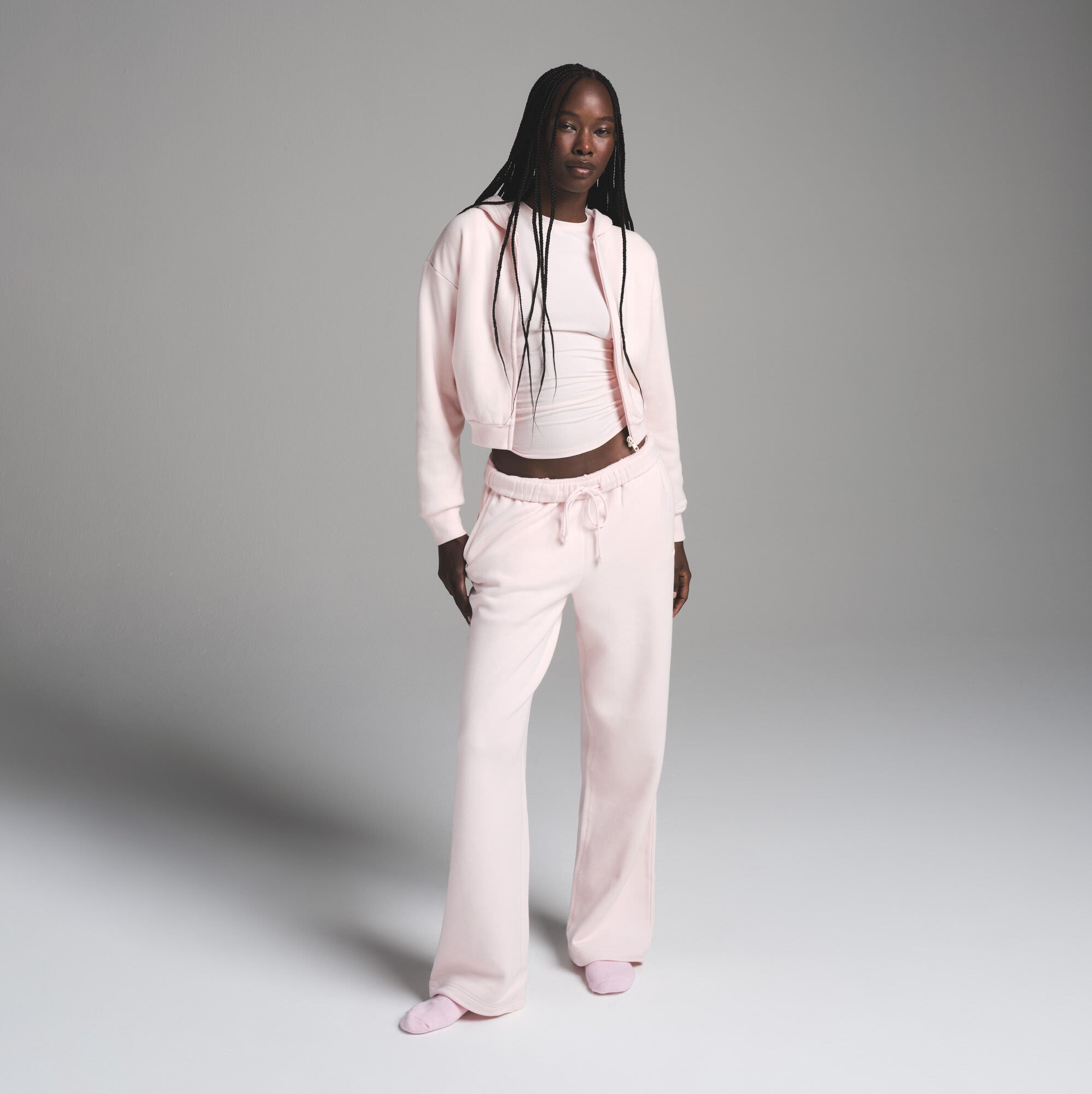 COTTON FLEECE SHRUNKEN ZIP UP HOODIE | BARELY PINK