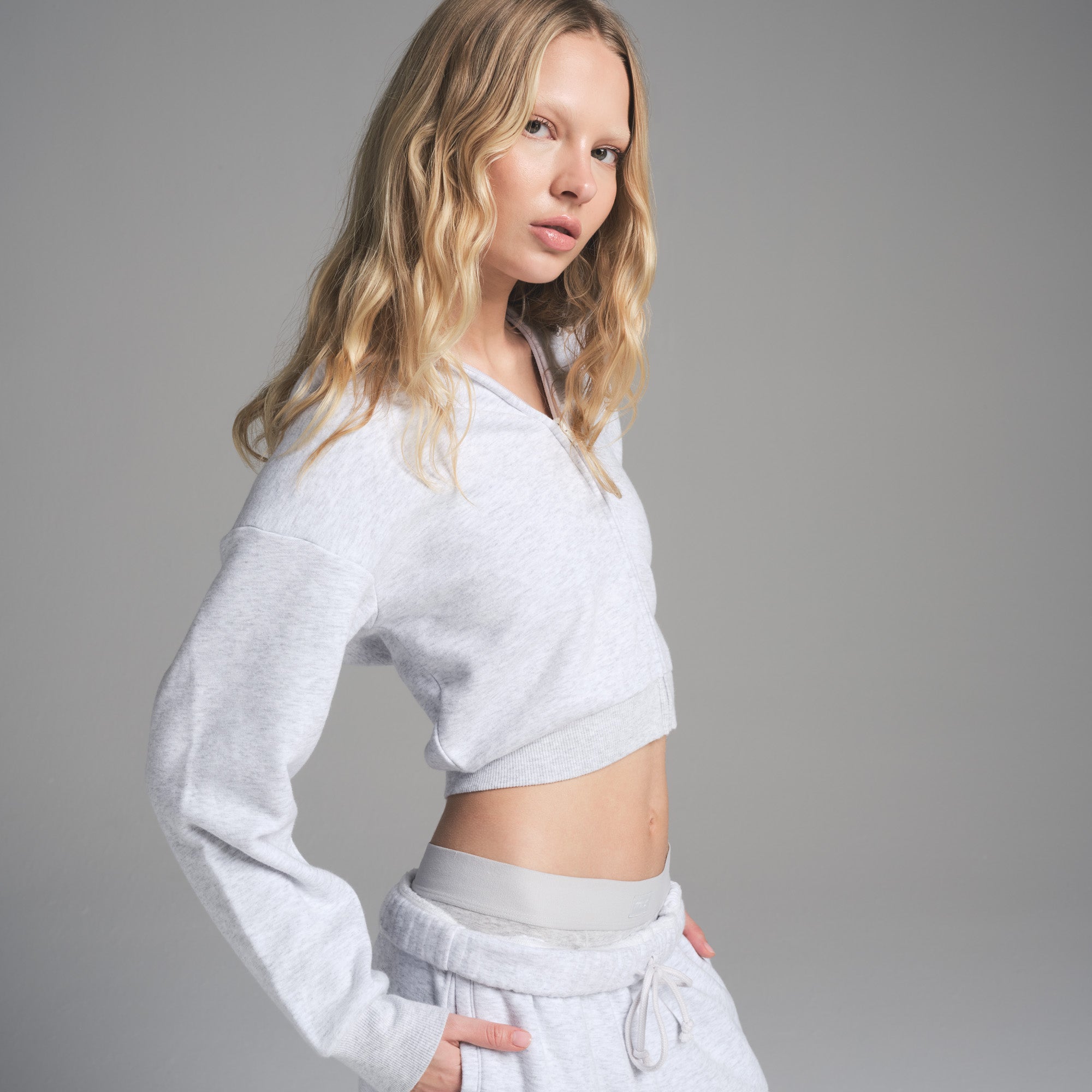 COTTON FLEECE SHRUNKEN ZIP UP HOODIE | LIGHT HEATHER GREY | XXS