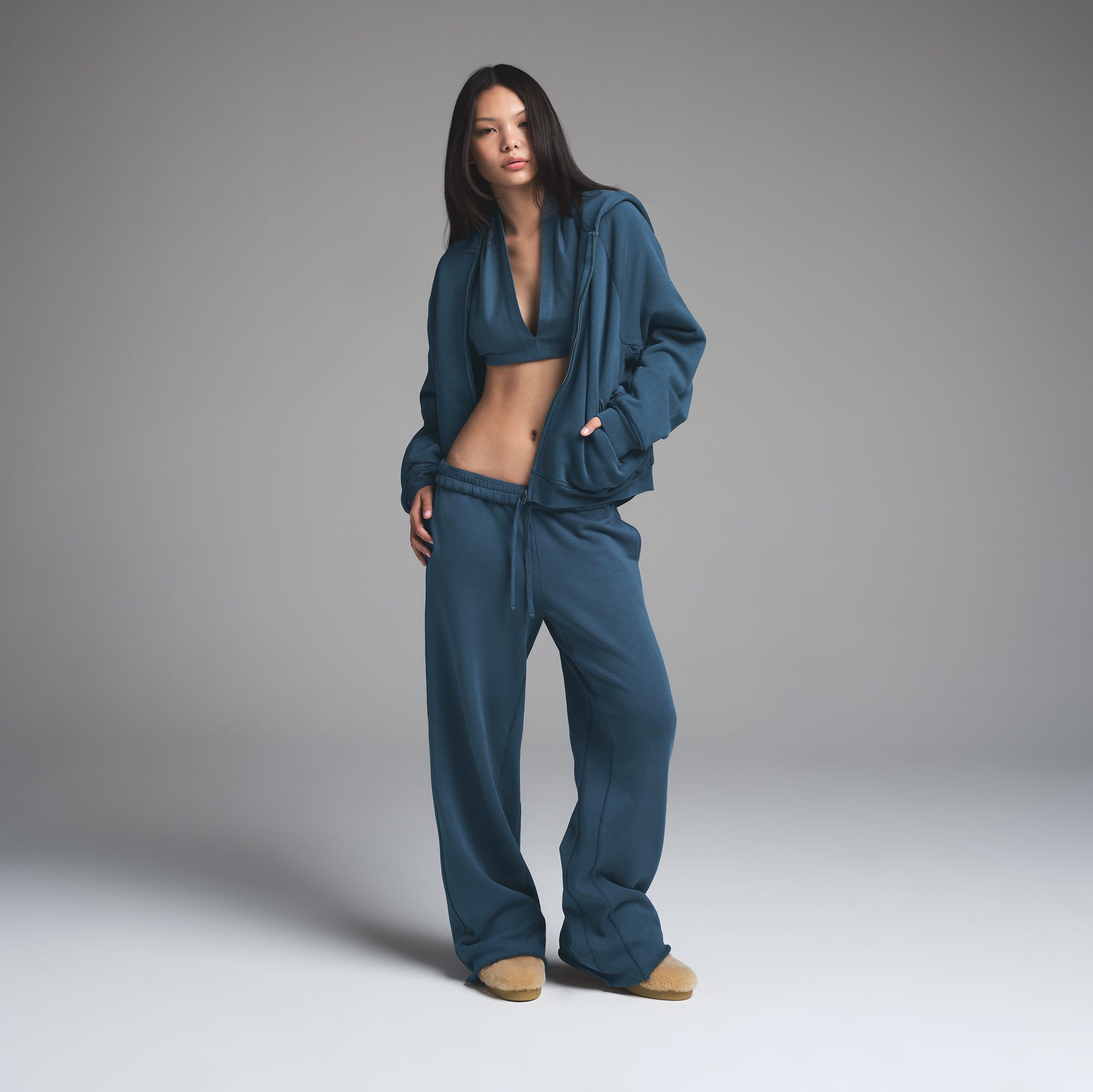 FRENCH TERRY RELAXED ZIP UP HOODIE | INDIGO ON A MODEL FRONT VIEW | FOCUS: 0.0, 1.0, 0.9