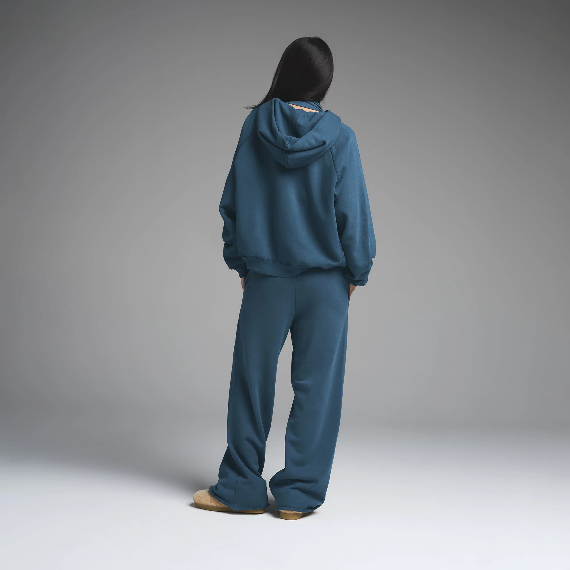 FRENCH TERRY RELAXED ZIP UP HOODIE | INDIGO ON A MODEL BACK VIEW | FOCUS: 0.0, 1.0, 0.9