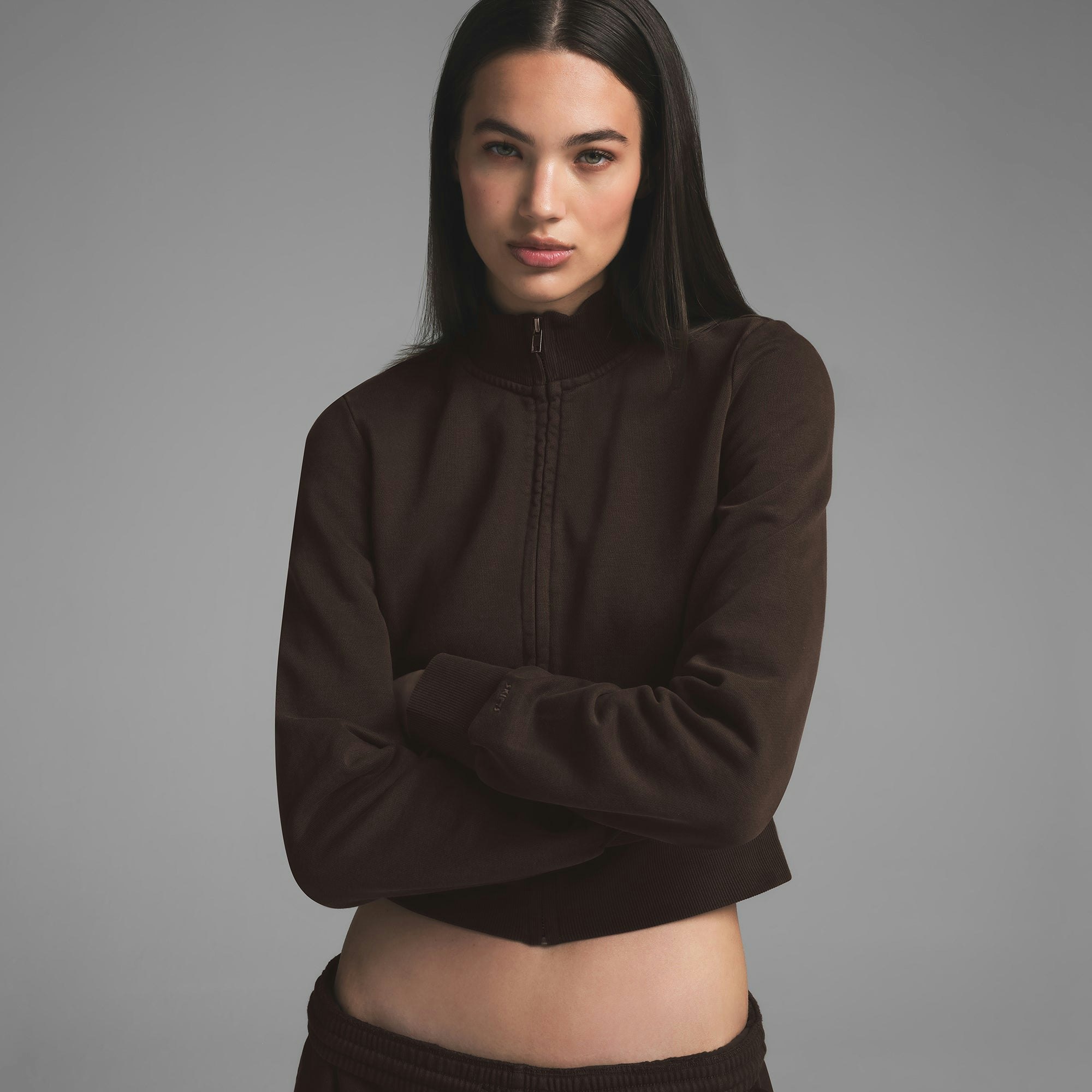 BOYFRIEND FLEECE  TRACK JACKET | ESPRESSO ON A MODEL FRONT VIEW | FOCUS: 0.0, 1.0, 0.9