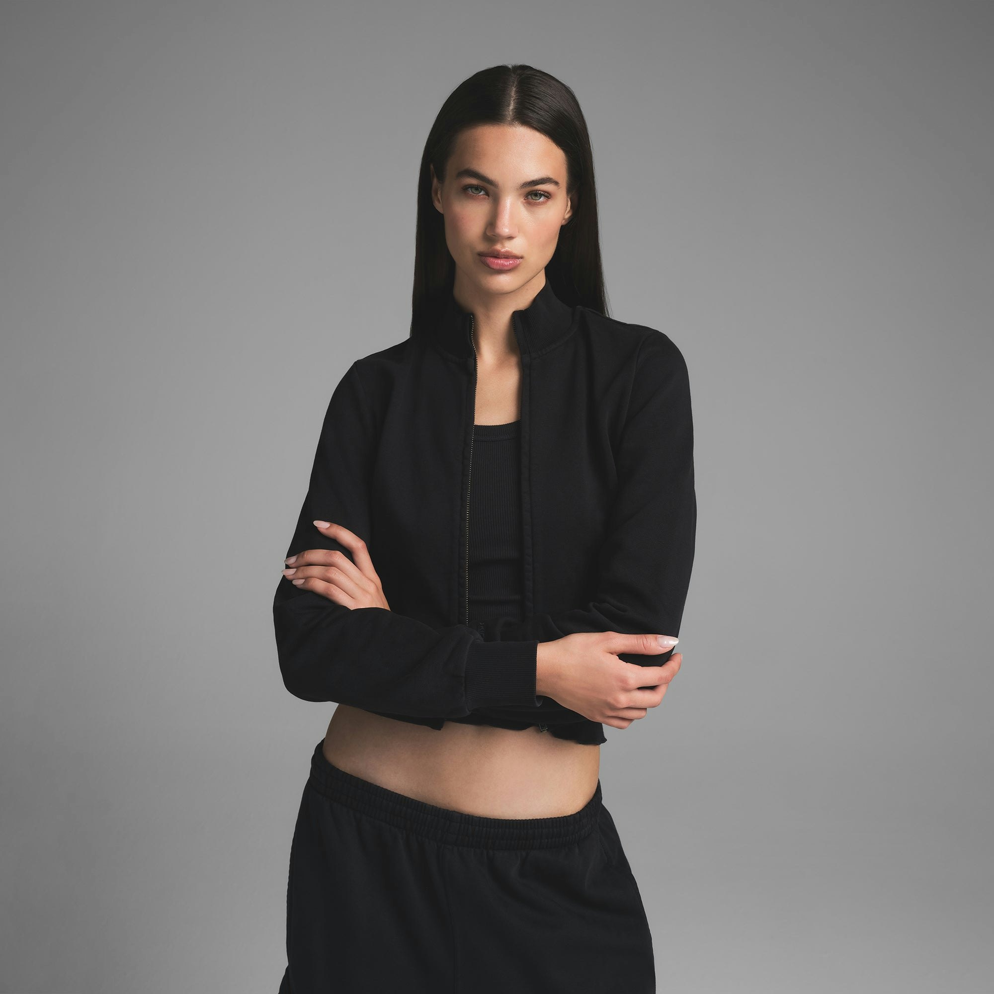 BOYFRIEND FLEECE  TRACK JACKET | WASHED ONYX ON A MODEL FRONT VIEW | FOCUS: 0.0, 1.0, 0.9