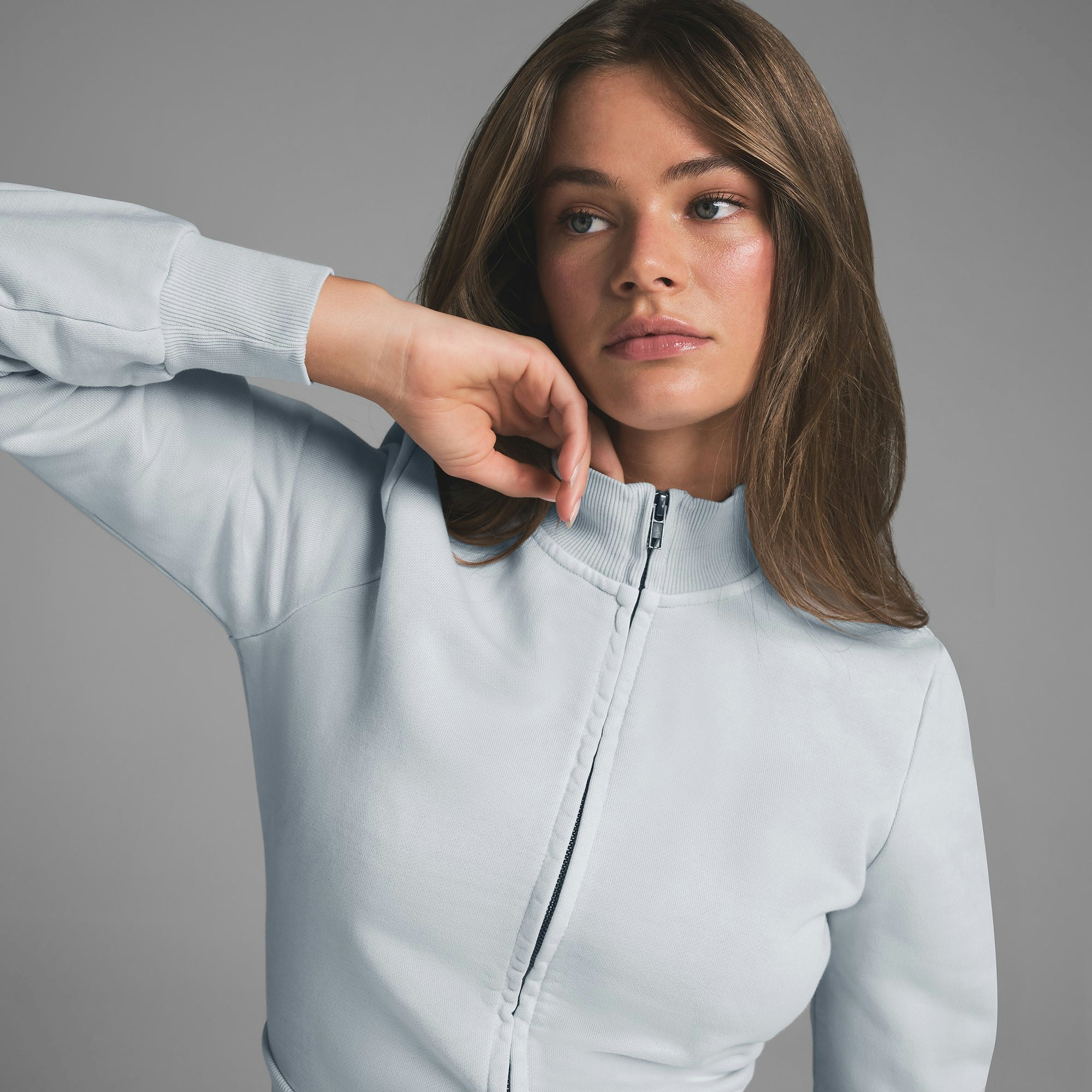 BOYFRIEND FLEECE TRACK JACKET | ZEN BLUE ON A MODEL FRONT VIEW | FOCUS: 0.0, 1.0, 0.9