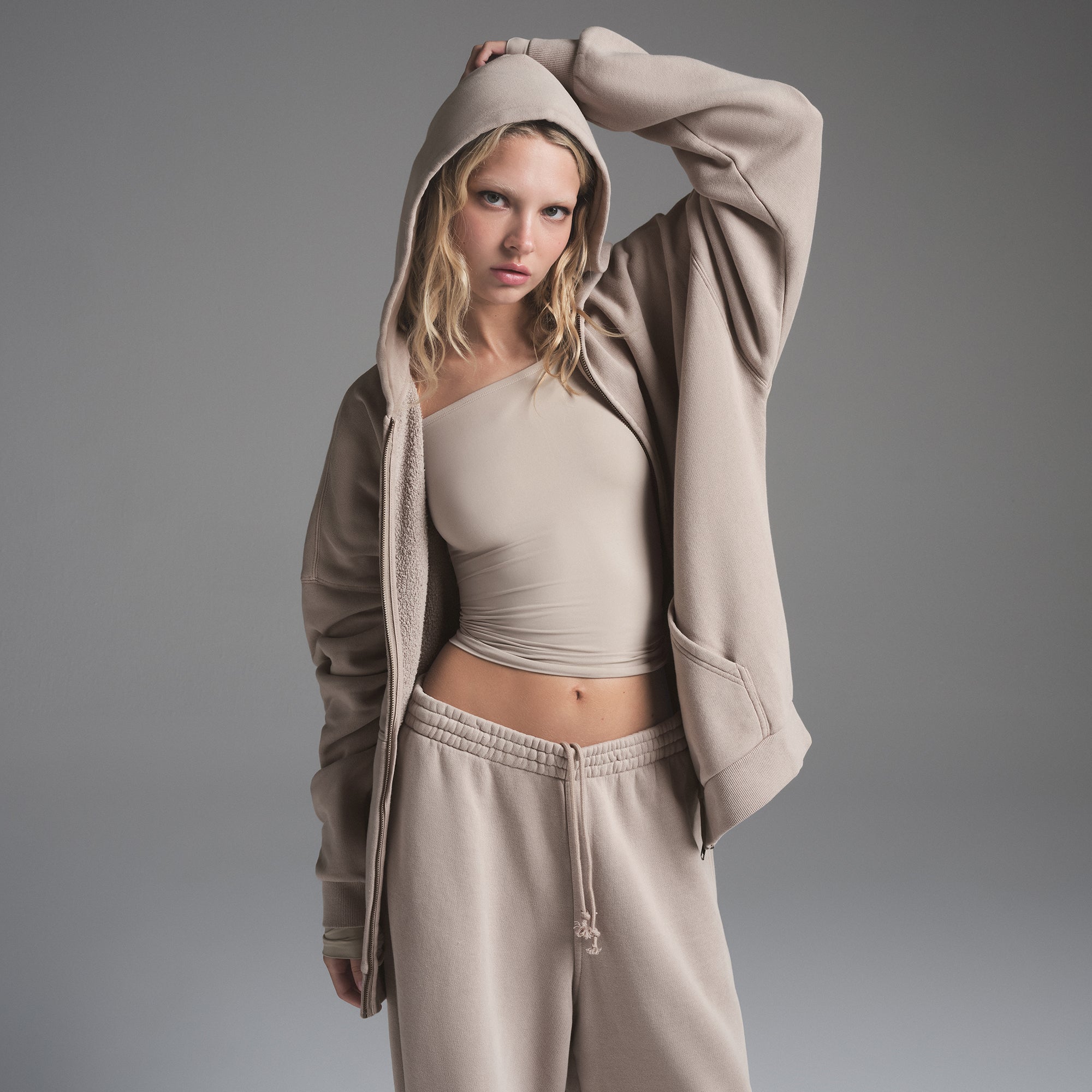 VINTAGE FLEECE OVERSIZED ZIP UP HOODIE | STONE | XXS