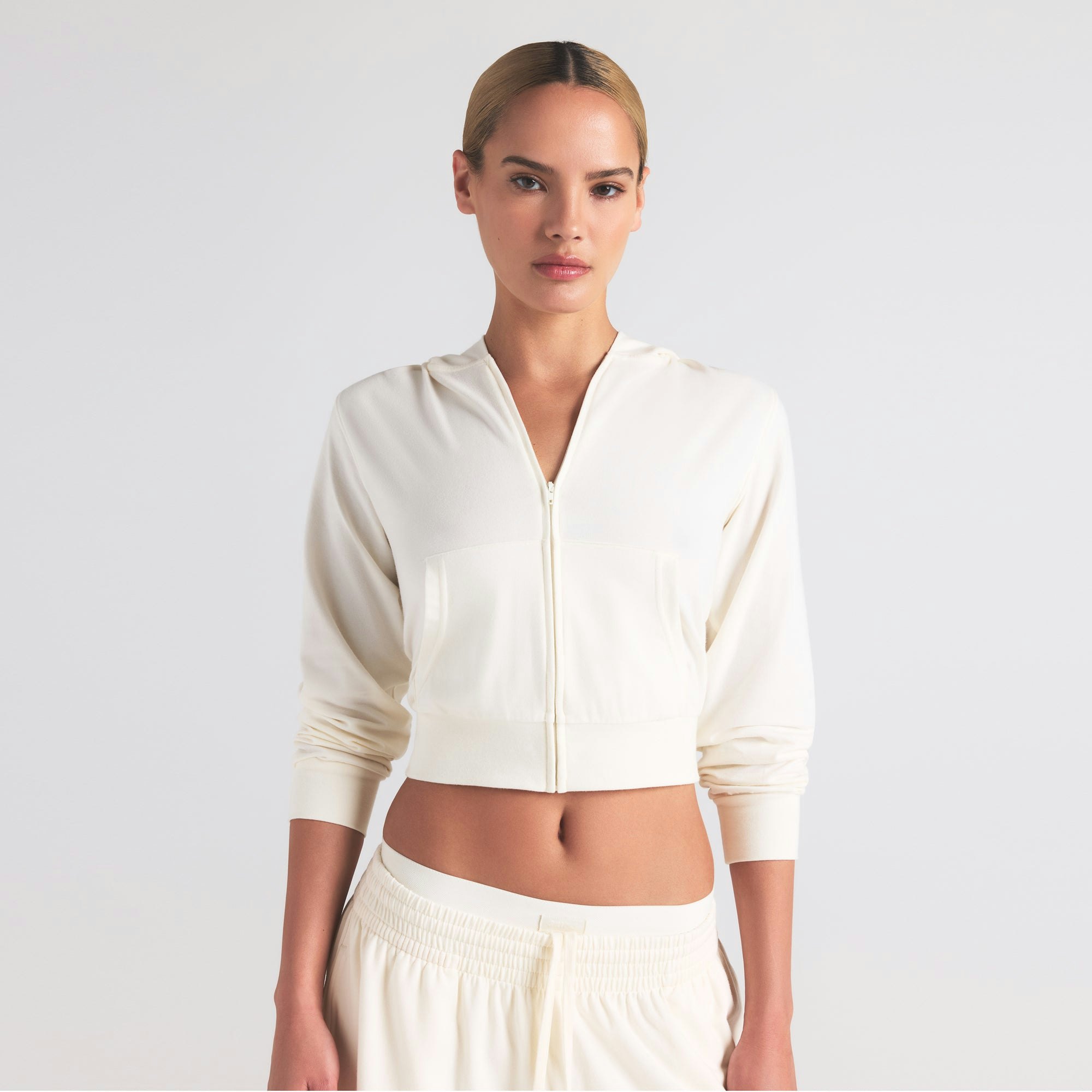 COTTON JERSEY ZIP UP HOODIE | MARBLE ON A MODEL SIDE VIEW | FOCUS: 0.0, 1.0, 0.9