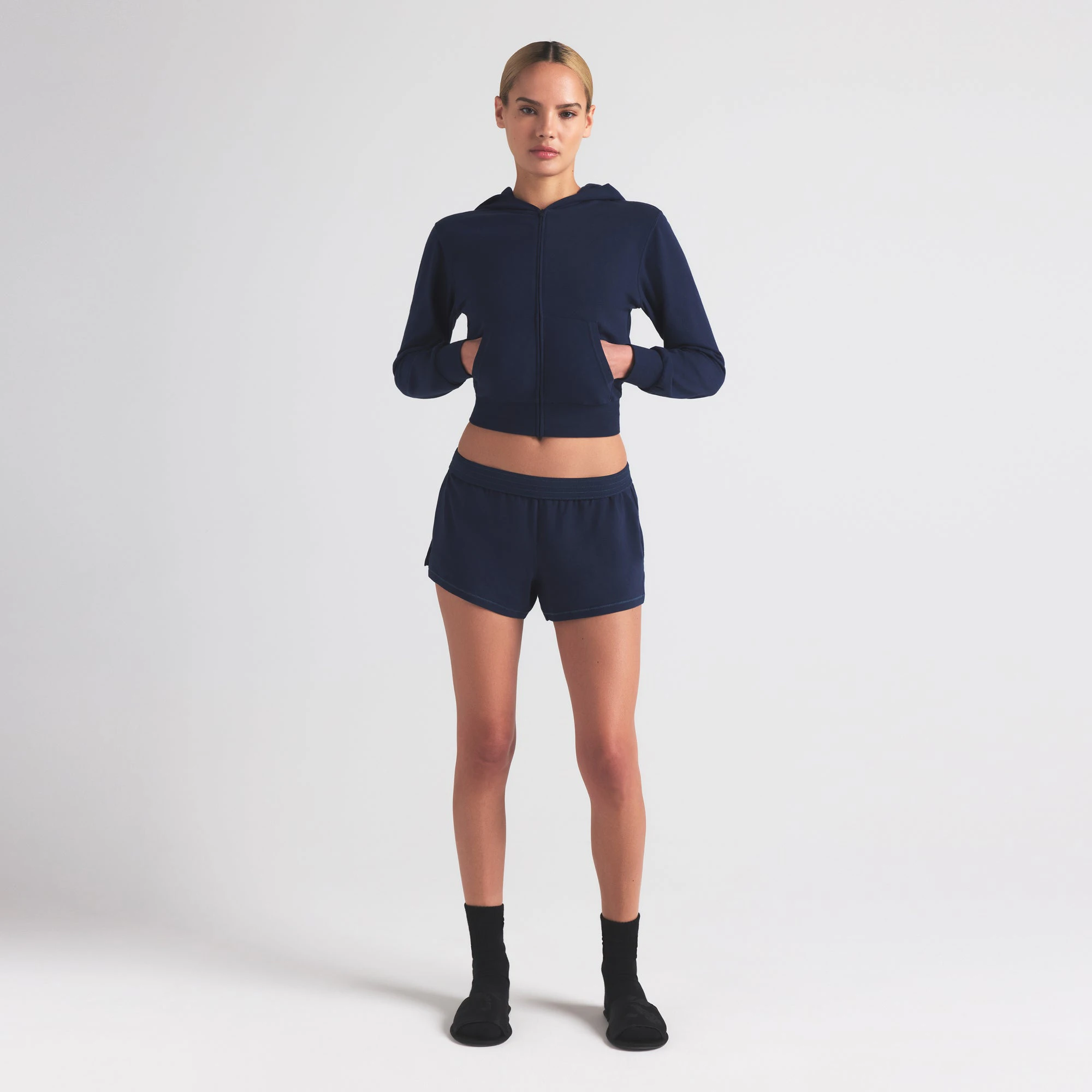 COTTON JERSEY ZIP UP HOODIE | NAVY ON A MODEL FRONT VIEW | FOCUS: 0.0, 1.0, 0.9