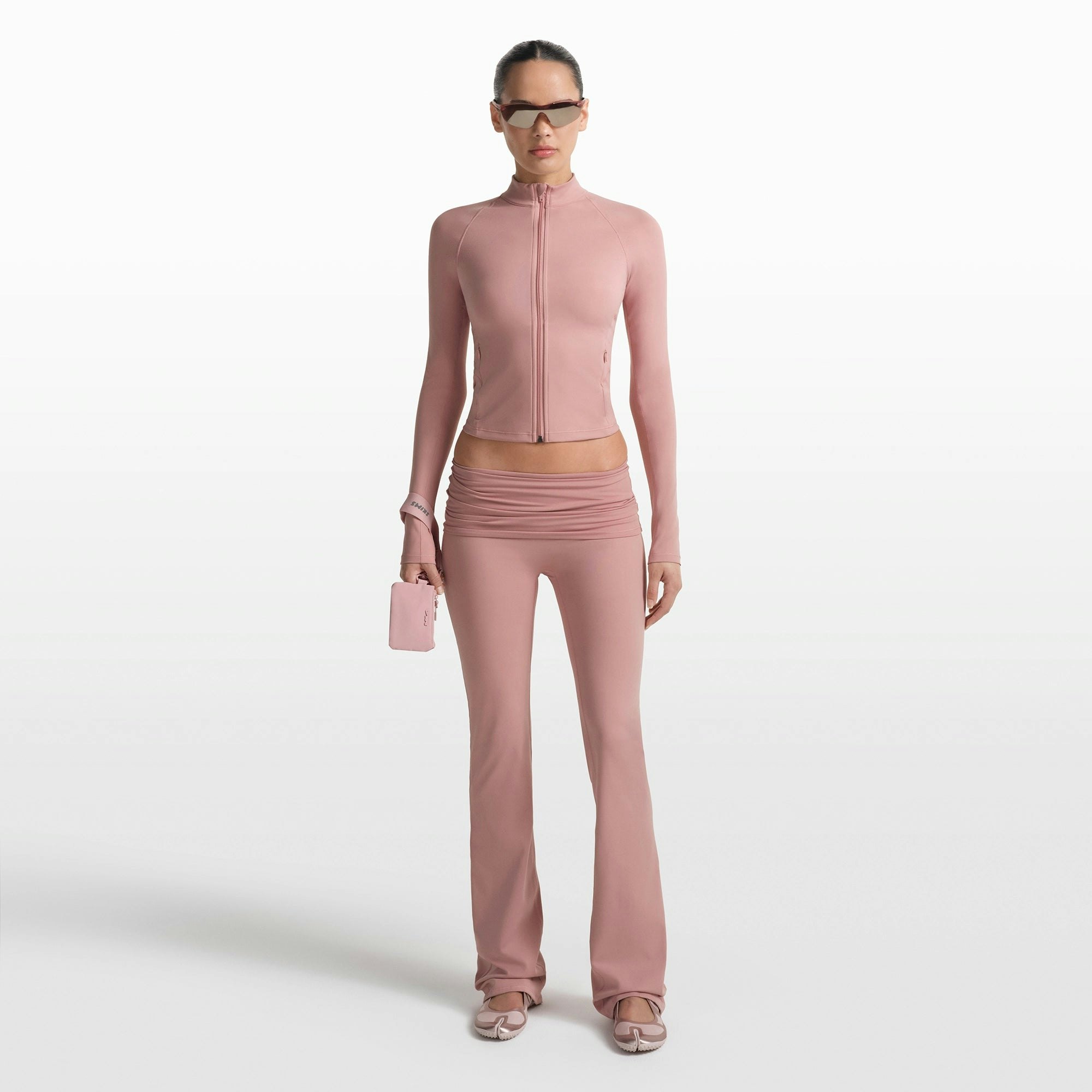 NikeSKIMS MATTE MOCK NECK FULL ZIP JACKET | HIMALAYAN ON A MODEL FRONT VIEW @ | FOCUS: 0.0, 1.0, 0.9