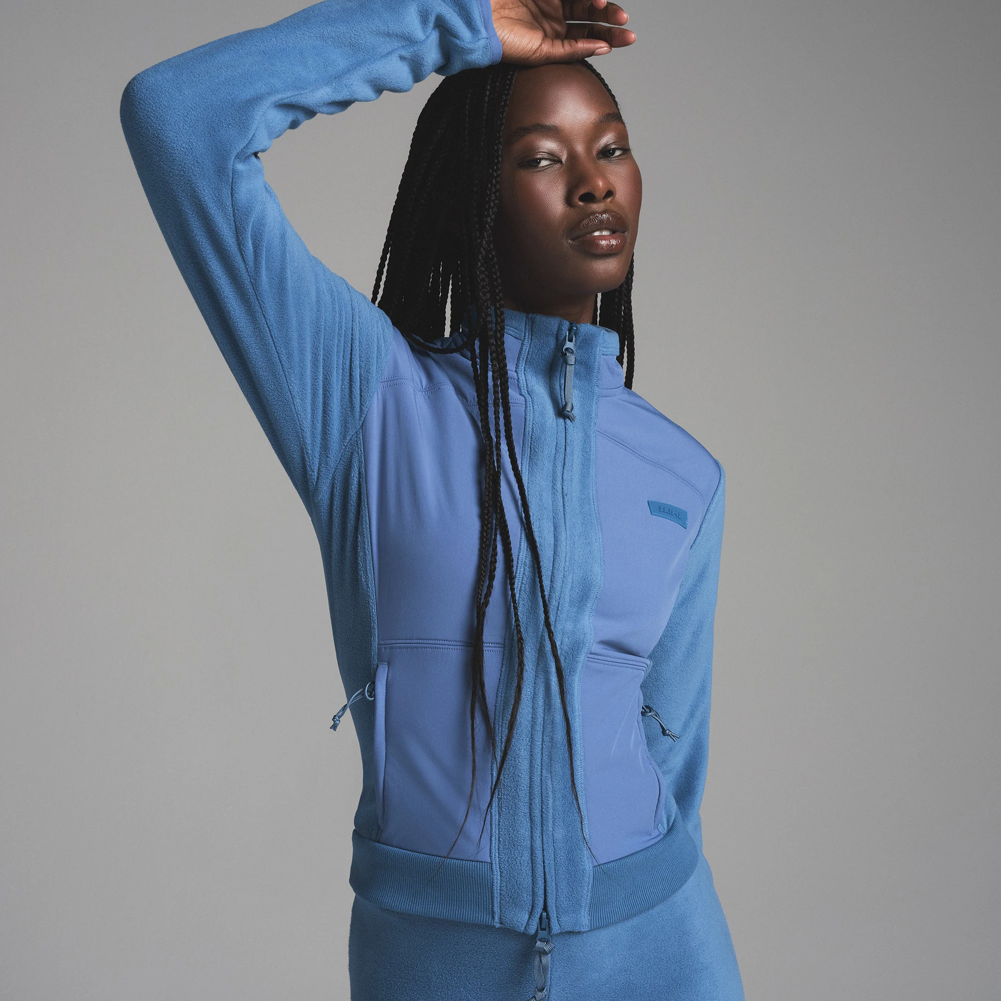 FLEECE LOUNGE FITTED JACKET | AZURE ON A MODEL FRONT VIEW | FOCUS: 0.0, 1.0, 0.9