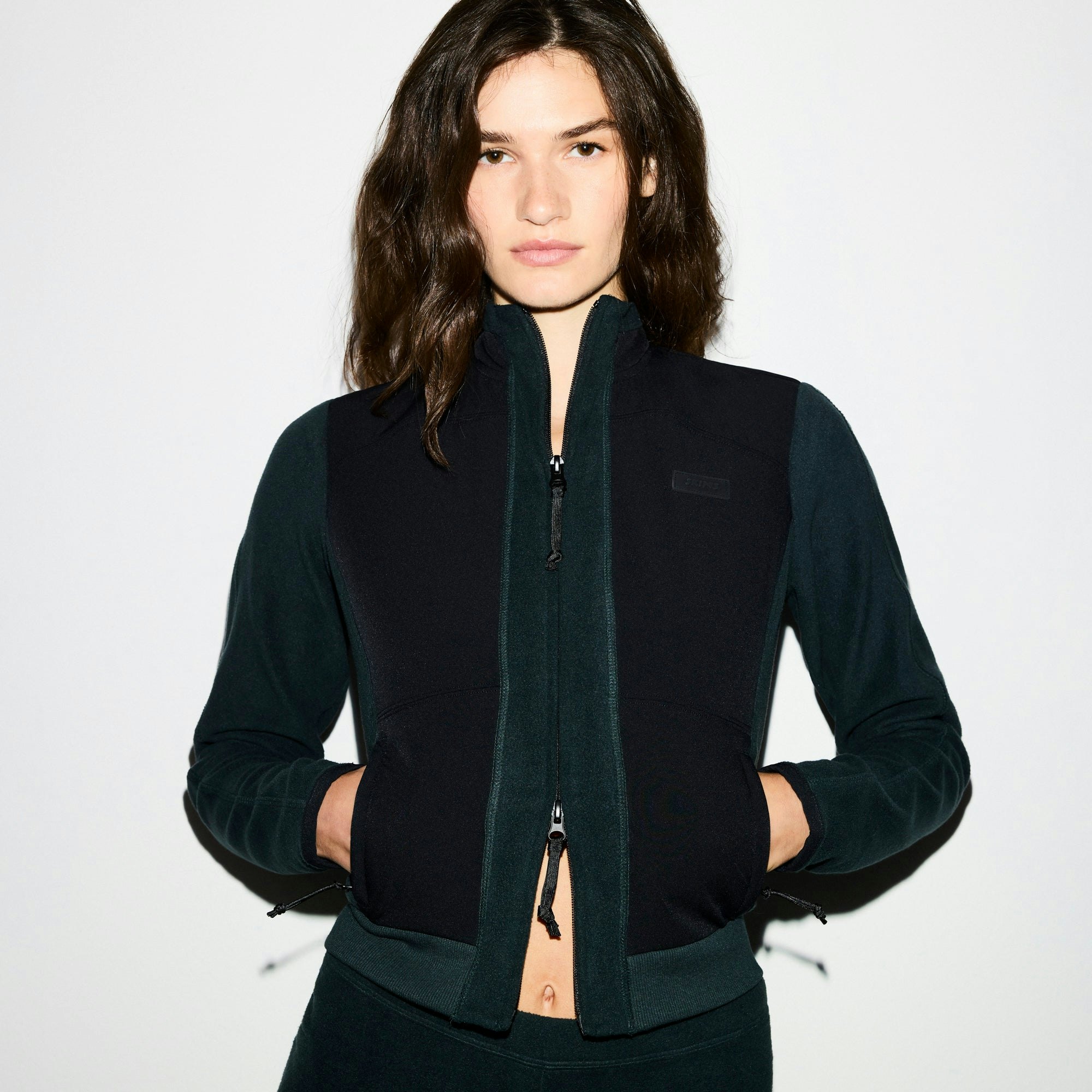 OUTDOOR FLEECE FITTED JACKET | DARK TEAL ON A MODEL SIDE VIEW @ | FOCUS: 0.0, 1.0, 0.9