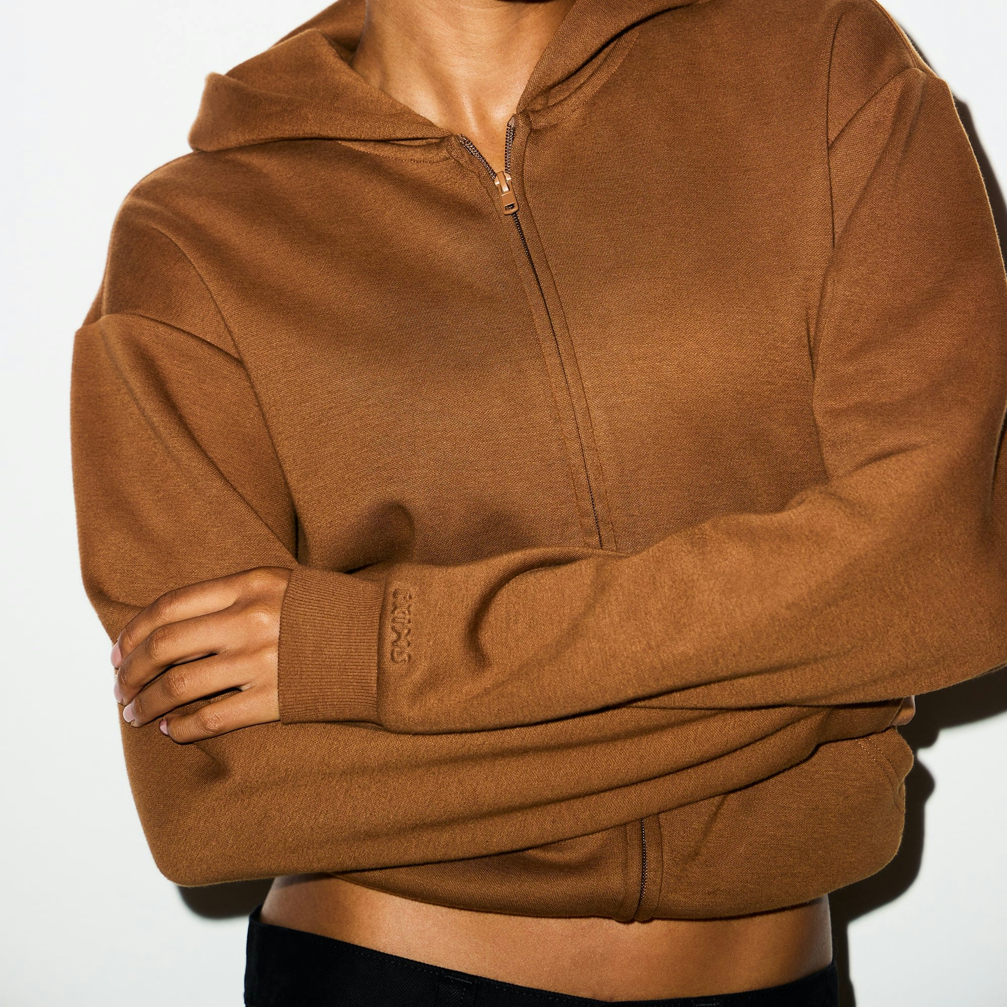 COTTON FLEECE CLASSIC ZIP UP HOODIE | BISON ON A MODEL FRONT VIEW @ | FOCUS: 0.0, 1.0, 0.9