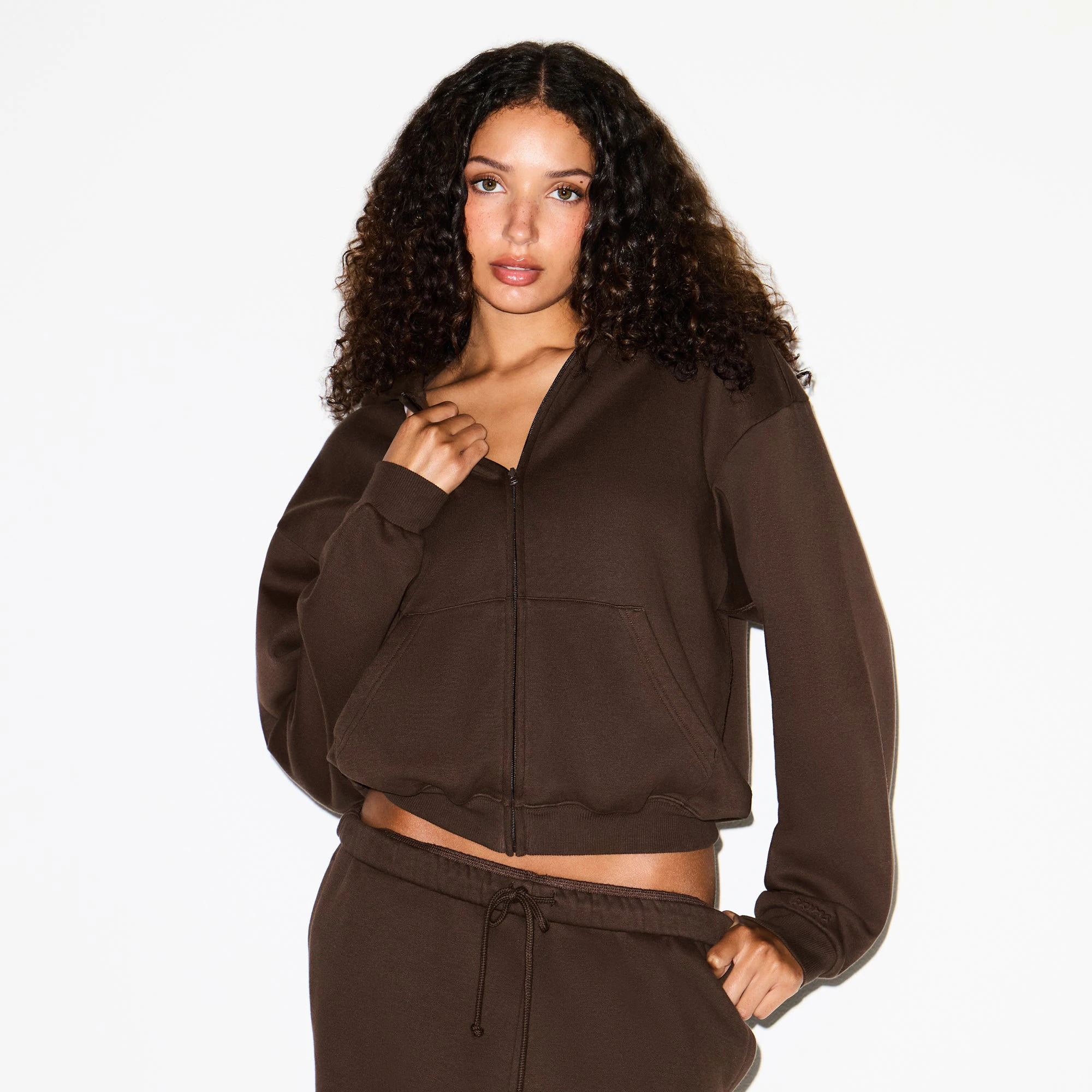 COTTON FLEECE CLASSIC ZIP UP HOODIE | DARK SEPIA ON A MODEL SIDE VIEW @ | FOCUS: 0.0, 1.0, 0.9