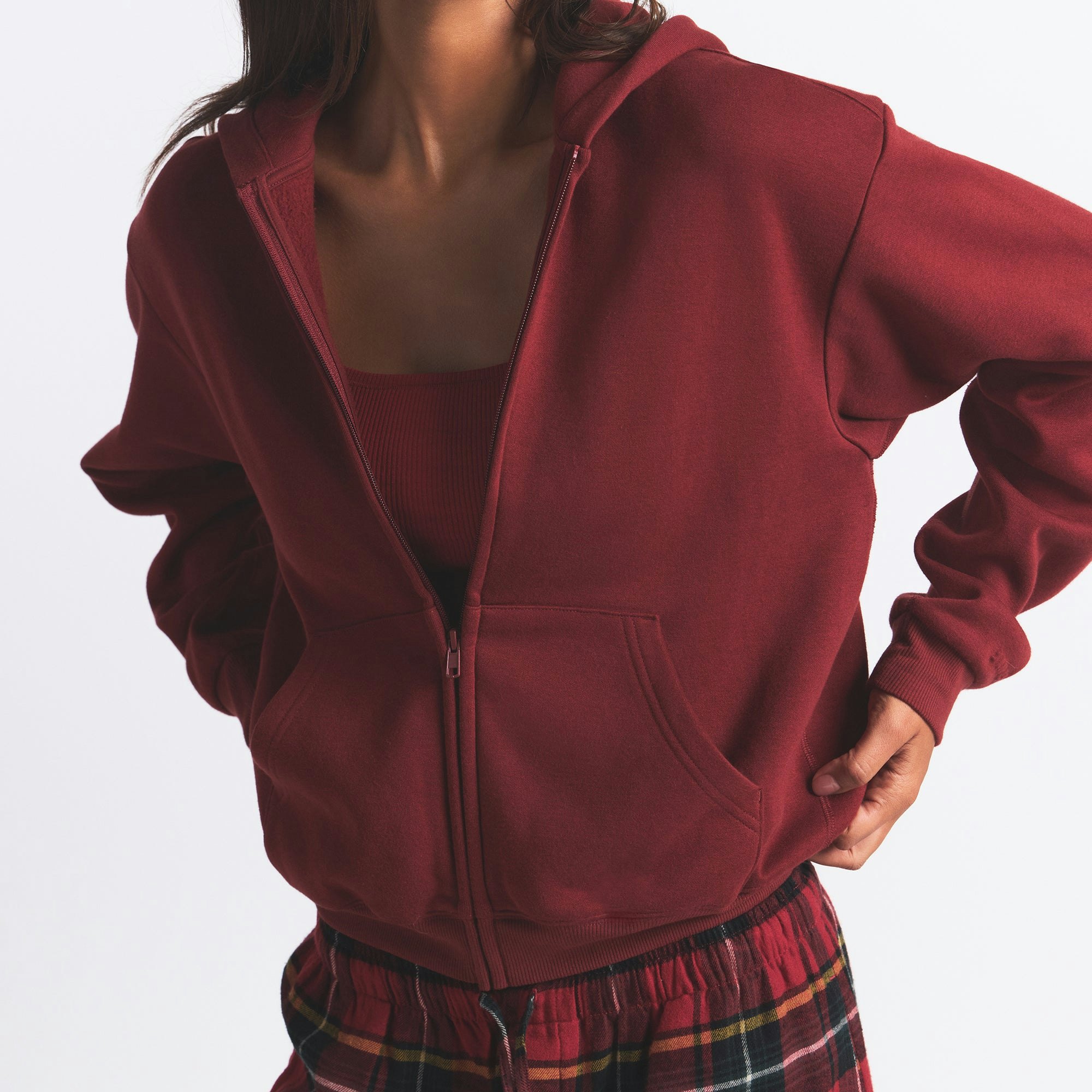 COTTON FLEECE CLASSIC ZIP UP HOODIE | MERLOT ON A MODEL FRONT VIEW @ | FOCUS: 0.0, 1.0, 0.9