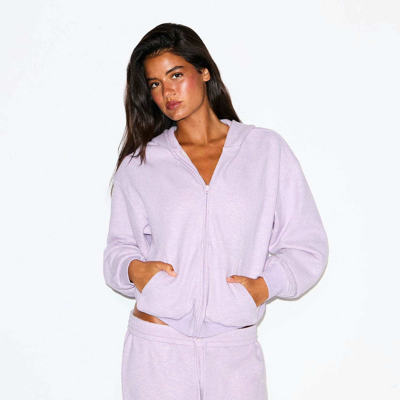 COTTON FLEECE CLASSIC ZIP UP HOODIE | PURPLE HEATHER ON A MODEL FRONT VIEW @ | FOCUS: 0.0, 1.0, 0.9