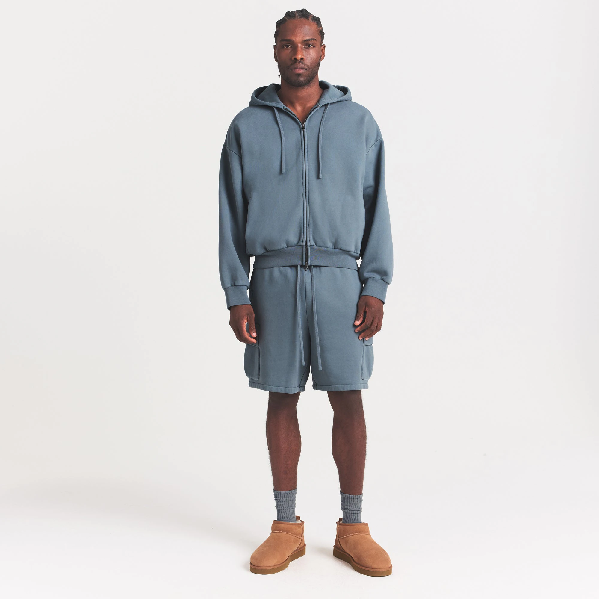 HEAVYWEIGHT FLEECE MENS ZIP UP HOODIE | KYANITE ON A MODEL FRONT VIEW @ | FOCUS: 0.0, 1.0, 0.9