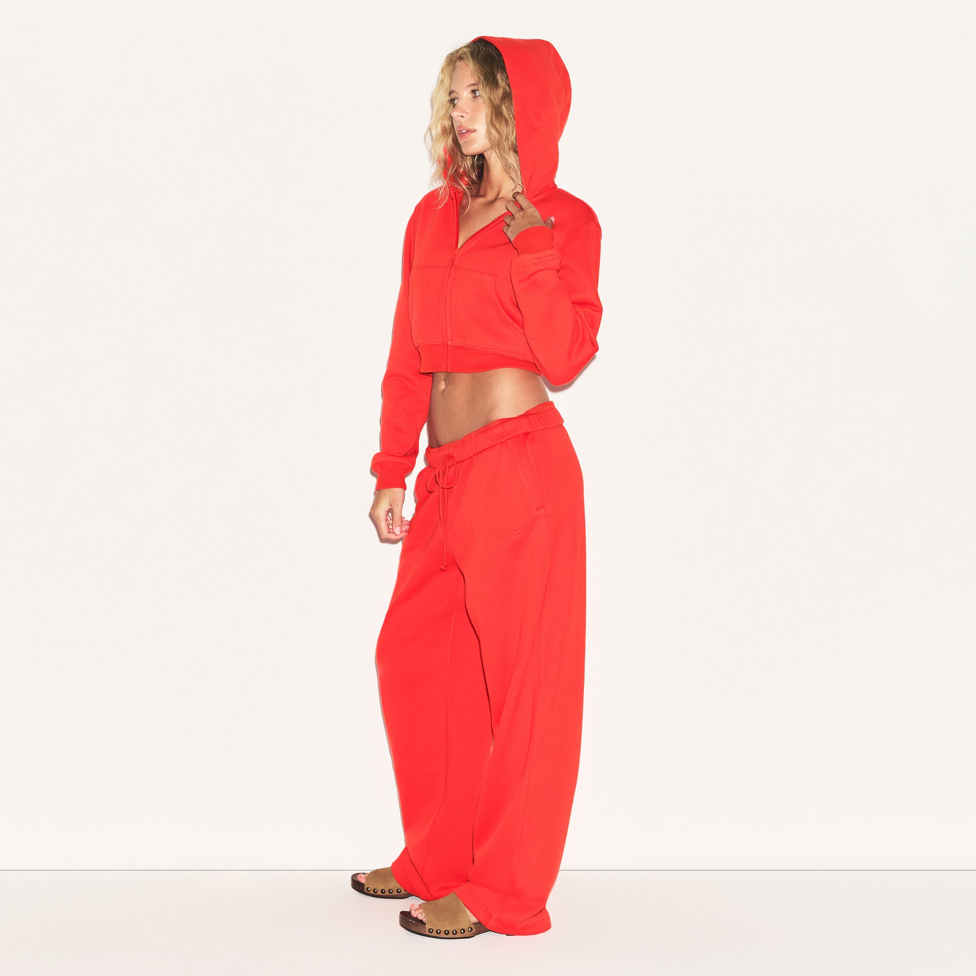 COTTON FLEECE CROPPED ZIP UP HOODIE | RUBY