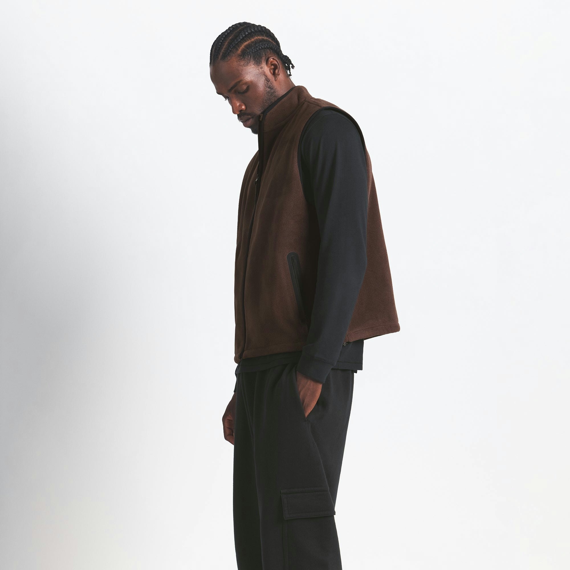 POLAR FLEECE MENS VEST | ESPRESSO ON A MODEL SIDE VIEW @ | FOCUS: 0.0, 1.0, 0.9