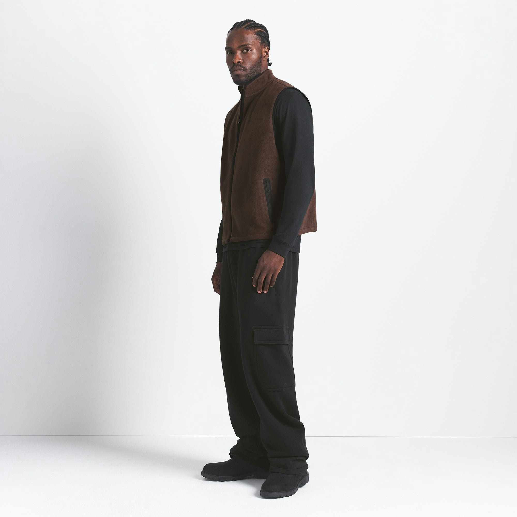 POLAR FLEECE MENS VEST | ESPRESSO ON A MODEL SIDE VIEW @ | FOCUS: 0.0, 1.0, 0.9