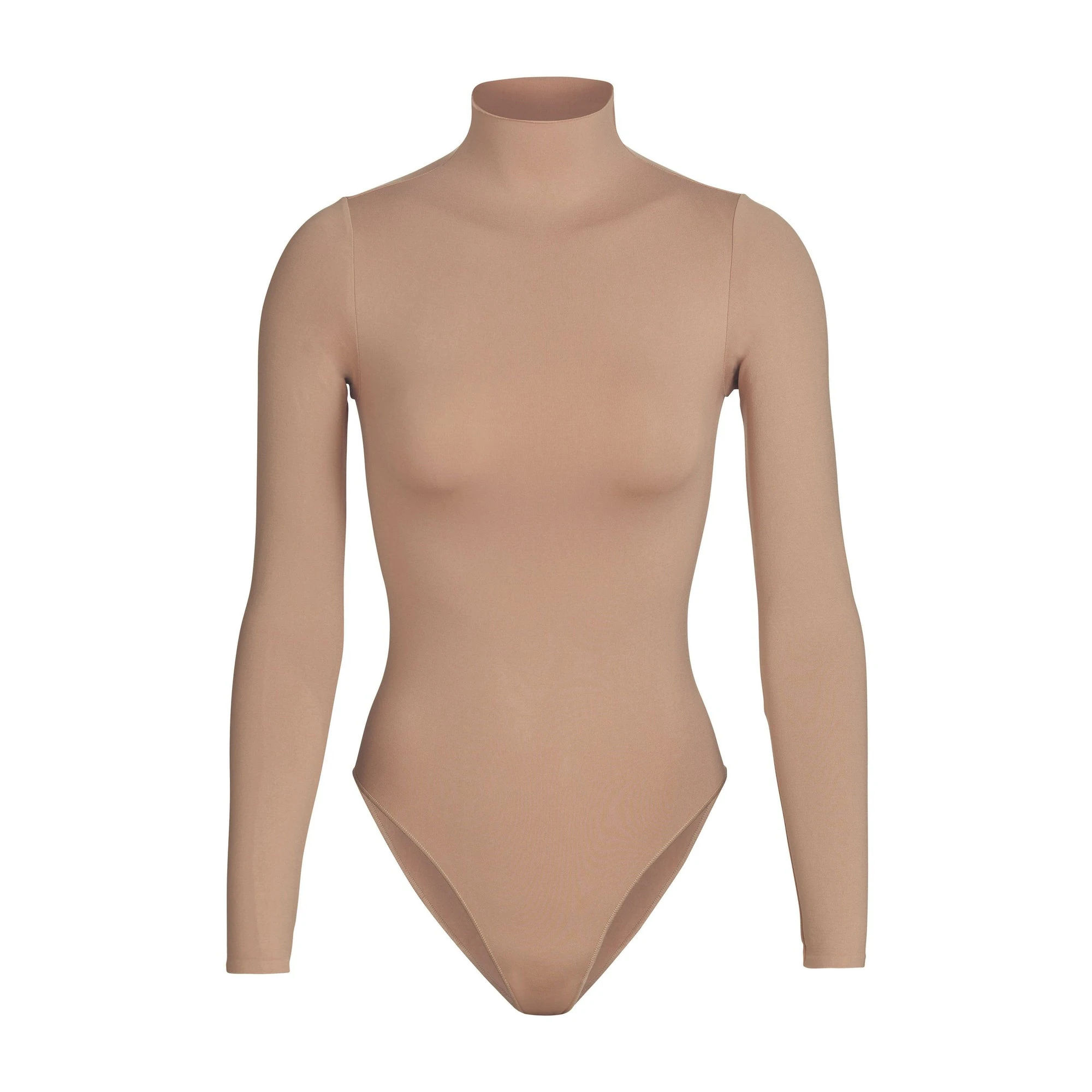 ESSENTIAL MOCK NECK LONG SLEEVE BODYSUIT | SIENNA (BODYSUITS) LAYS FLAT ON A WHITE BACKGROUND | FLT