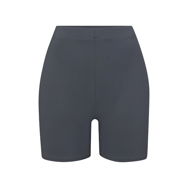 SIGNATURE SWIM MID WAIST SHORT | GUNMETAL (SWIM SHORTS, SWIM) LAYS FLAT ON A WHITE BACKGROUND | FLT