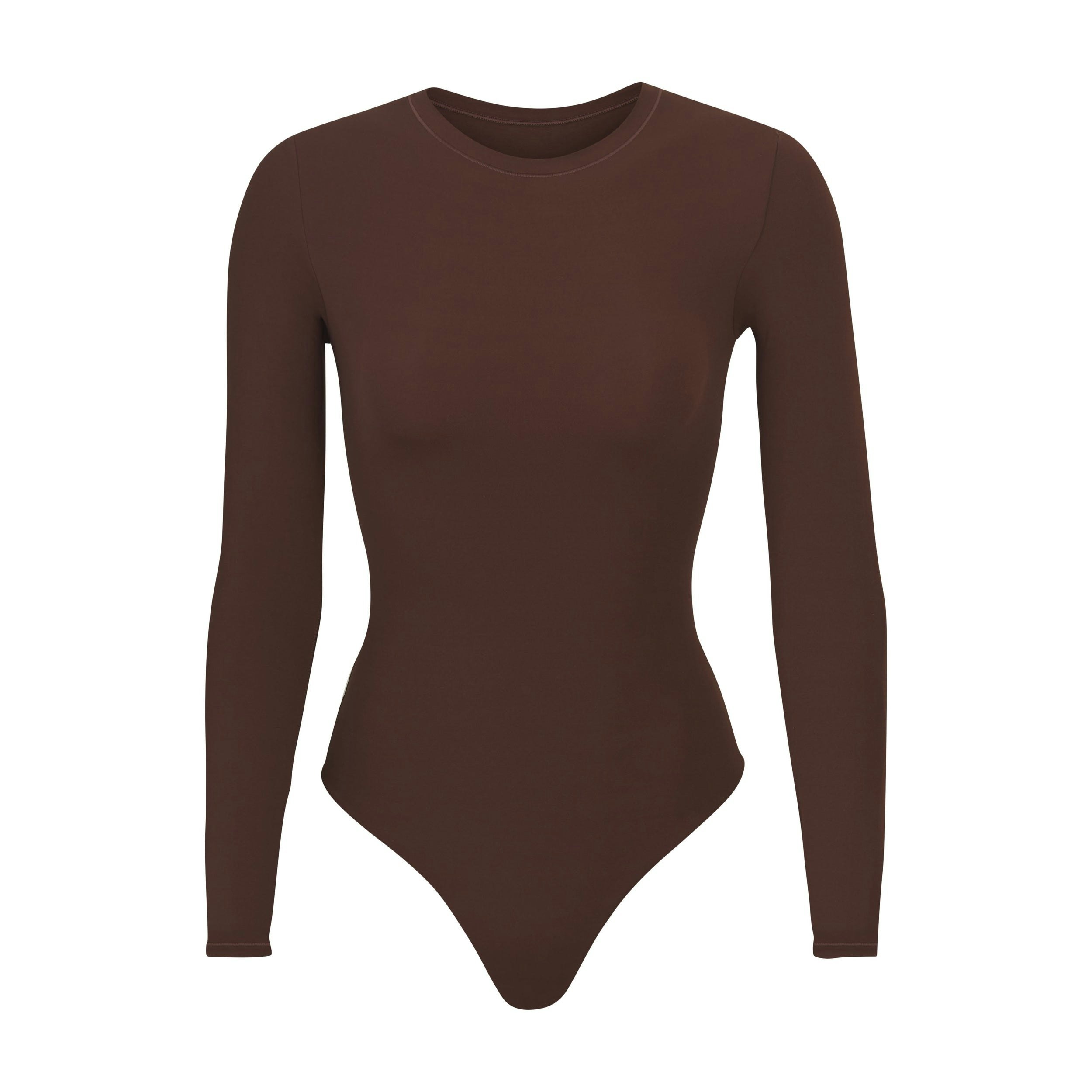 FITS EVERYBODY LONG SLEEVE CREW NECK BODYSUIT | COCOA (BODYSUITS) LAYS FLAT ON A WHITE BACKGROUND | FLT