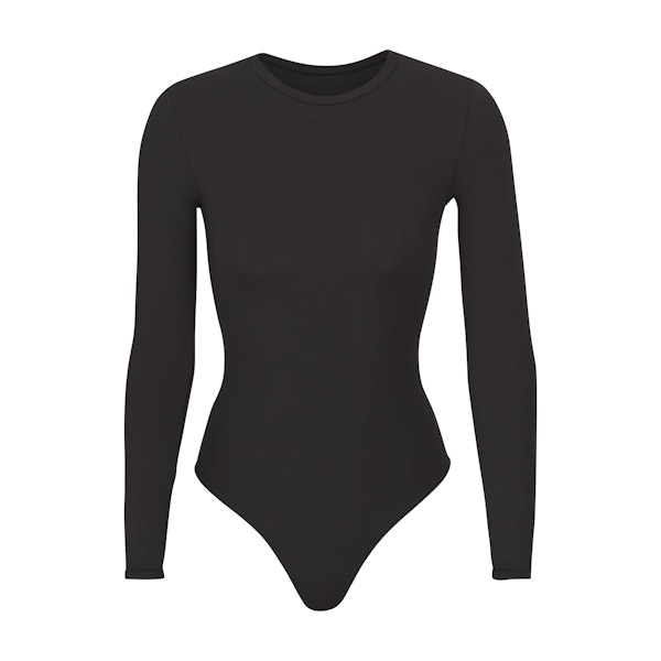 FITS EVERYBODY LONG SLEEVE CREW NECK BODYSUIT | ONYX (BODYSUITS) LAYS FLAT ON A WHITE BACKGROUND | FLT