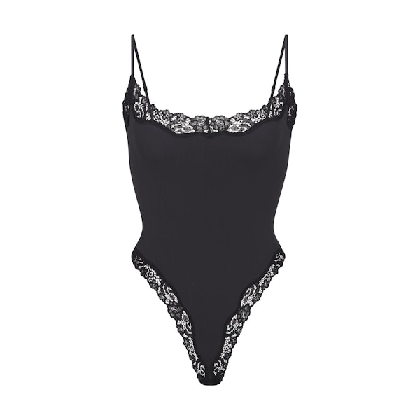 FITS EVERYBODY LACE CAMI BODYSUIT | ONYX (BODYSUITS) LAYS FLAT ON A WHITE BACKGROUND | FLT