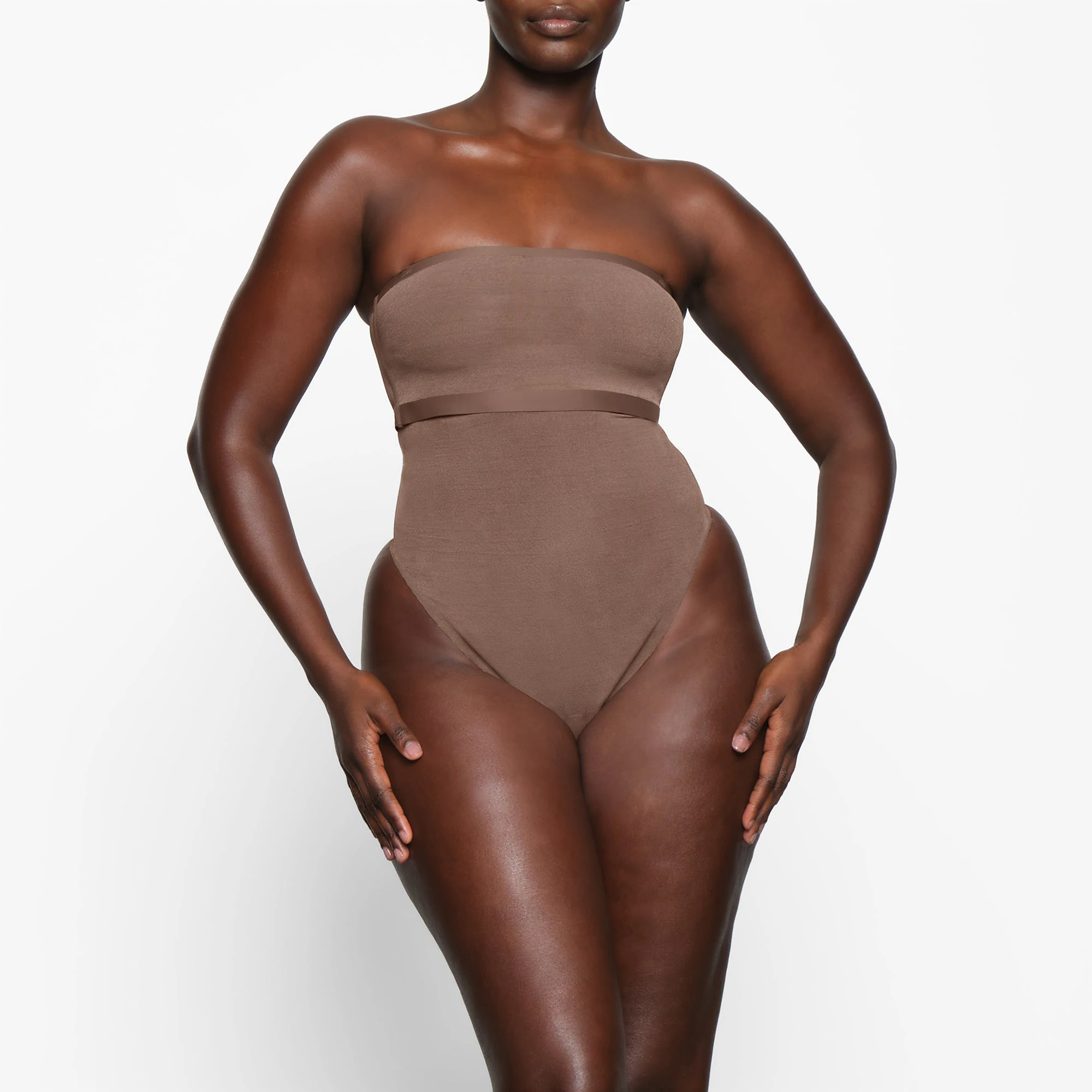 SHEER SCULPT BANDEAU WORN BY A MODEL IN FRONT VIEW