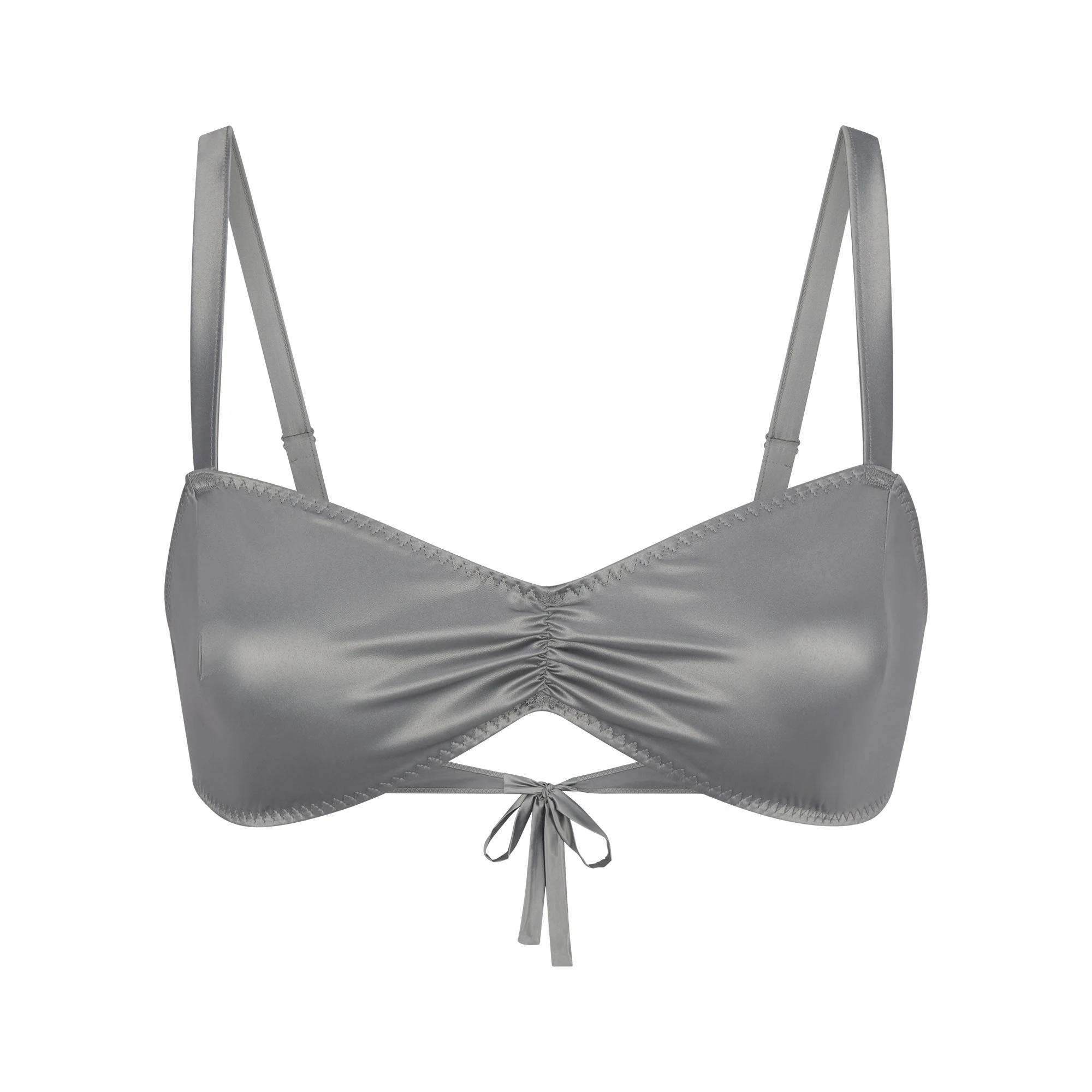 WOVEN SHINE TIE BACK BRALETTE LAYS FLAT ON A WHITE BACKGROUND