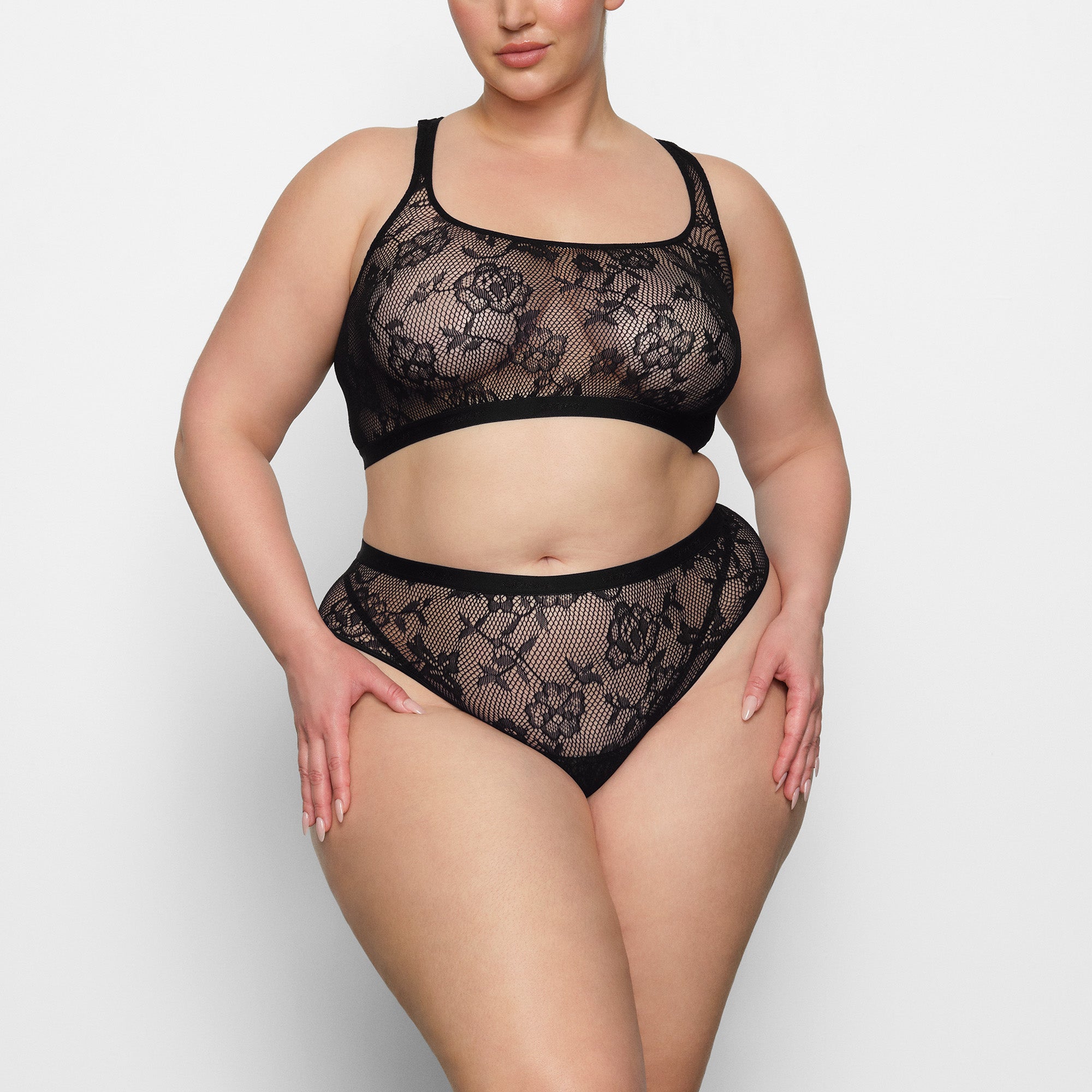 KNIT LACE SCOOP NECK BRALETTE WORN BY A MODEL IN FRONT VIEW | SEE: XXS, XS, S