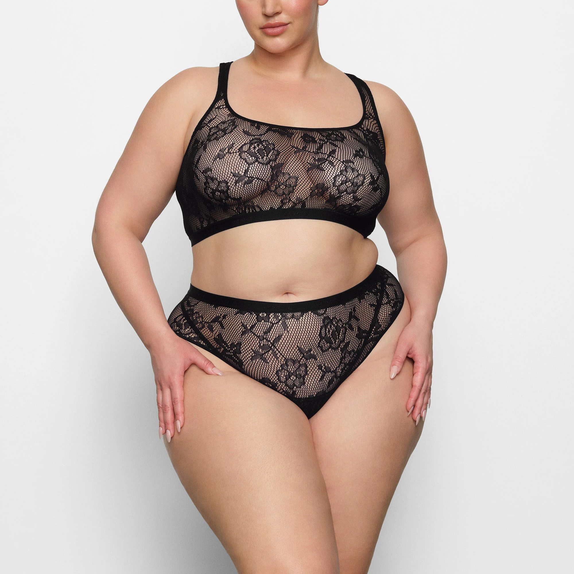 KNIT LACE SCOOP NECK BRALETTE WORN BY A MODEL IN FRONT VIEW | SEE: XXS, XS, S