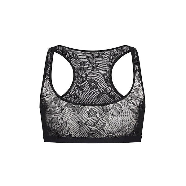 KNIT LACE SCOOP NECK BRALETTE LAYS FLAT ON A WHITE BACKGROUND