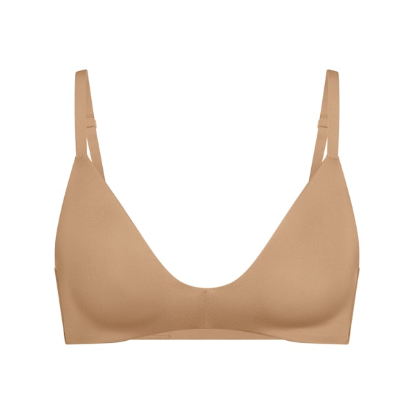 WIRELESS FORM T-SHIRT DEMI BRA | OCHRE (DEMI BRAS) LAYS FLAT ON A WHITE BACKGROUND | FLT
