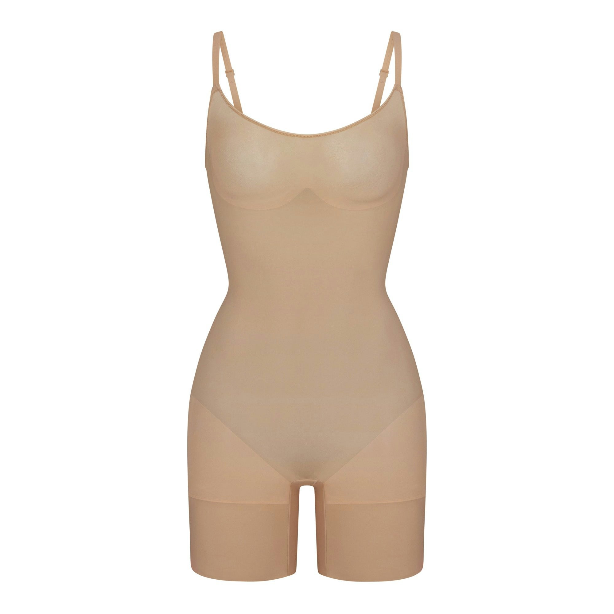 EVERYDAY SCULPT MID THIGH BODYSUIT | CLAY (ONESIES, SHAPEWEAR) LAYS FLAT ON A WHITE BACKGROUND | FLT