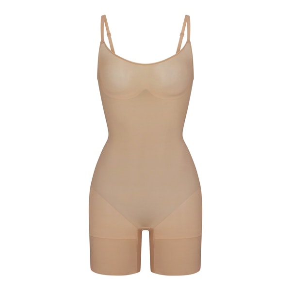 EVERYDAY SCULPT MID THIGH BODYSUIT | CLAY (ONESIES, SHAPEWEAR) LAYS FLAT ON A WHITE BACKGROUND | FLT