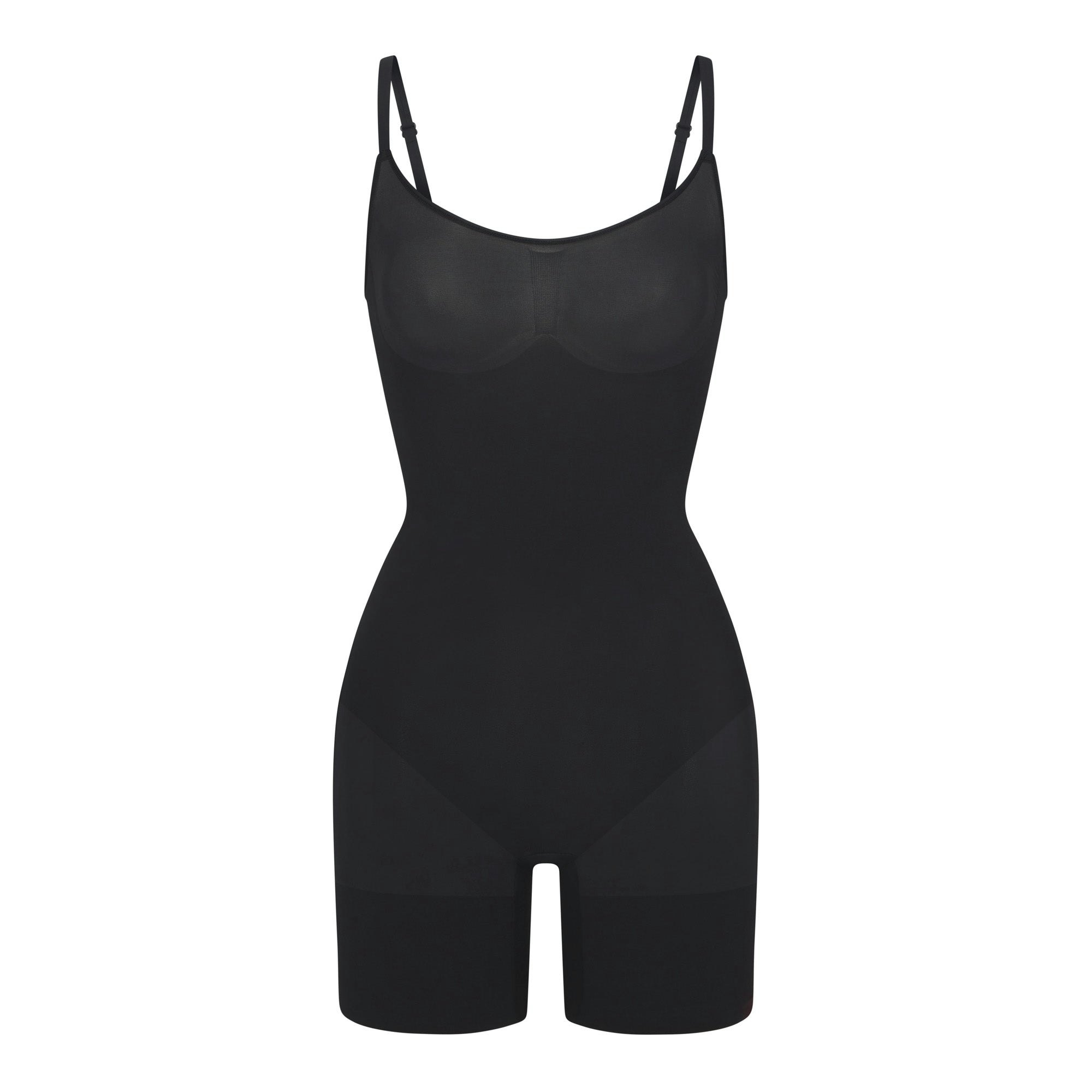 EVERYDAY SCULPT MID THIGH BODYSUIT | ONYX (ONESIES, SHAPEWEAR) LAYS FLAT ON A WHITE BACKGROUND | FLT