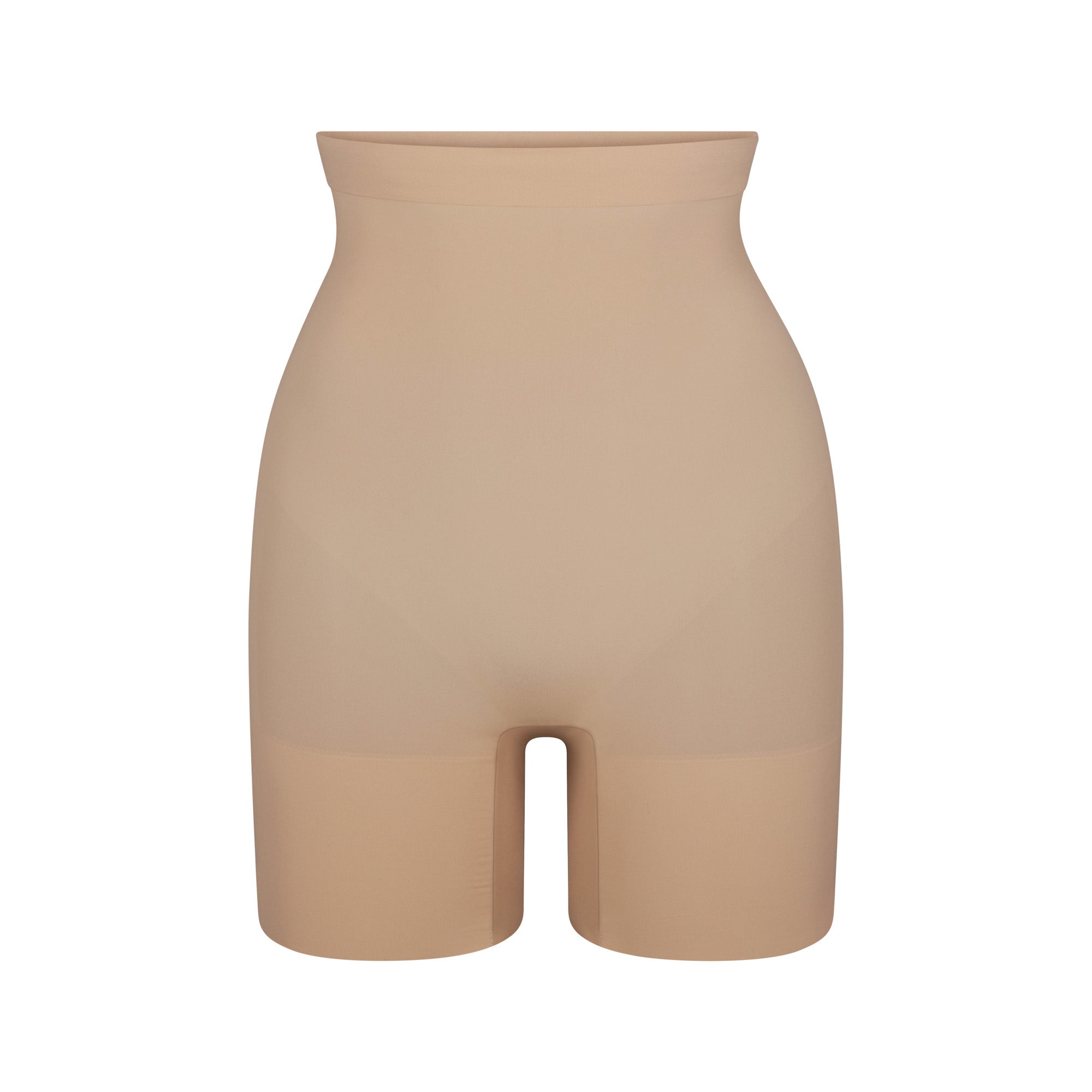 EVERYDAY SCULPT HIGH-WAISTED MID THIGH SHORT | CLAY (SHAPEWEAR SHORTS, SHAPEWEAR) LAYS FLAT ON A WHITE BACKGROUND | FLT