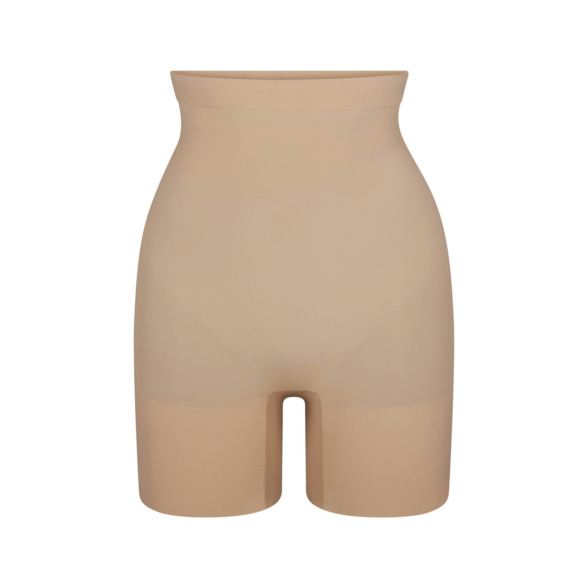 EVERYDAY SCULPT HIGH-WAISTED MID THIGH SHORT | CLAY (SHAPEWEAR SHORTS, SHAPEWEAR) LAYS FLAT ON A WHITE BACKGROUND | FLT