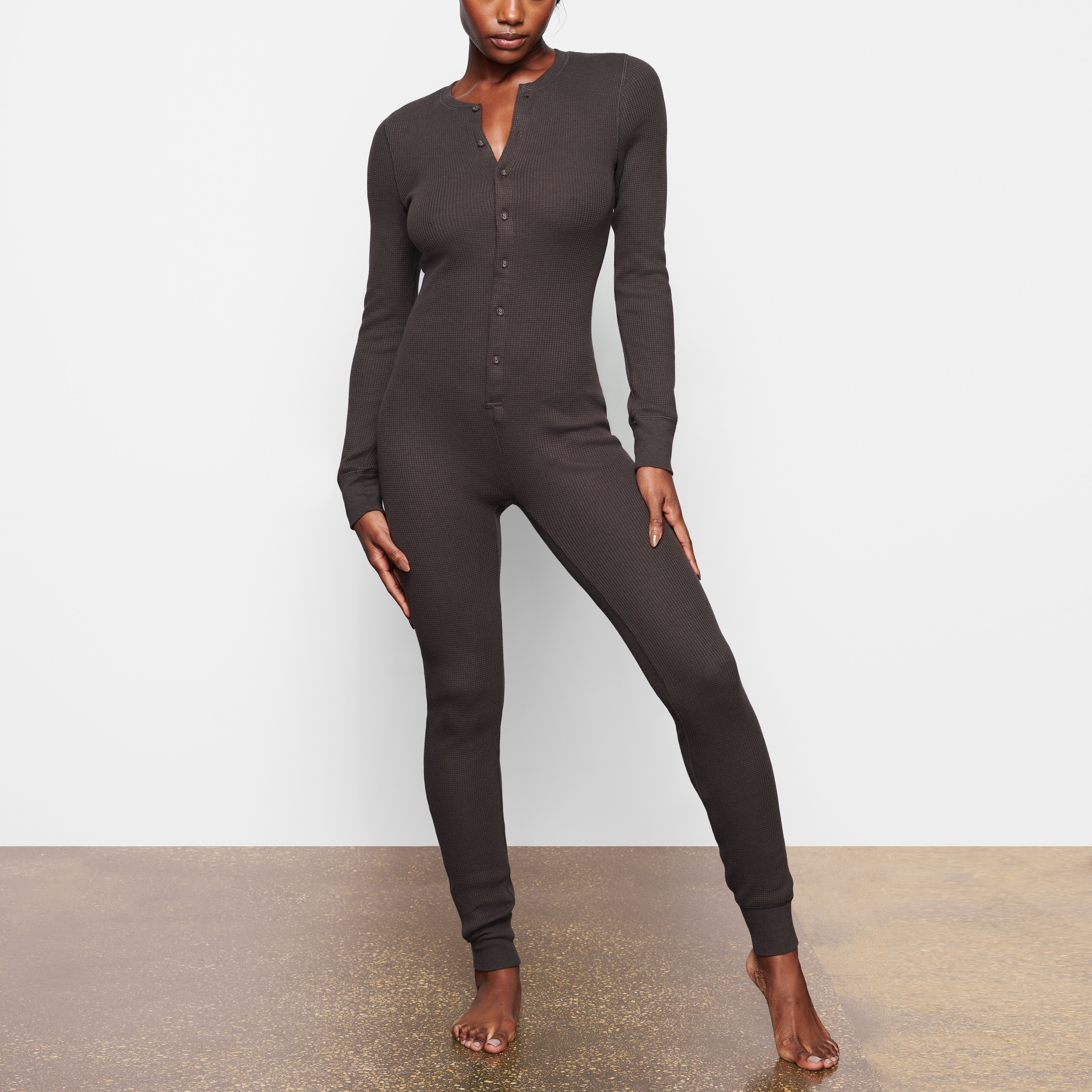 WAFFLE ONESIE ON A MODEL