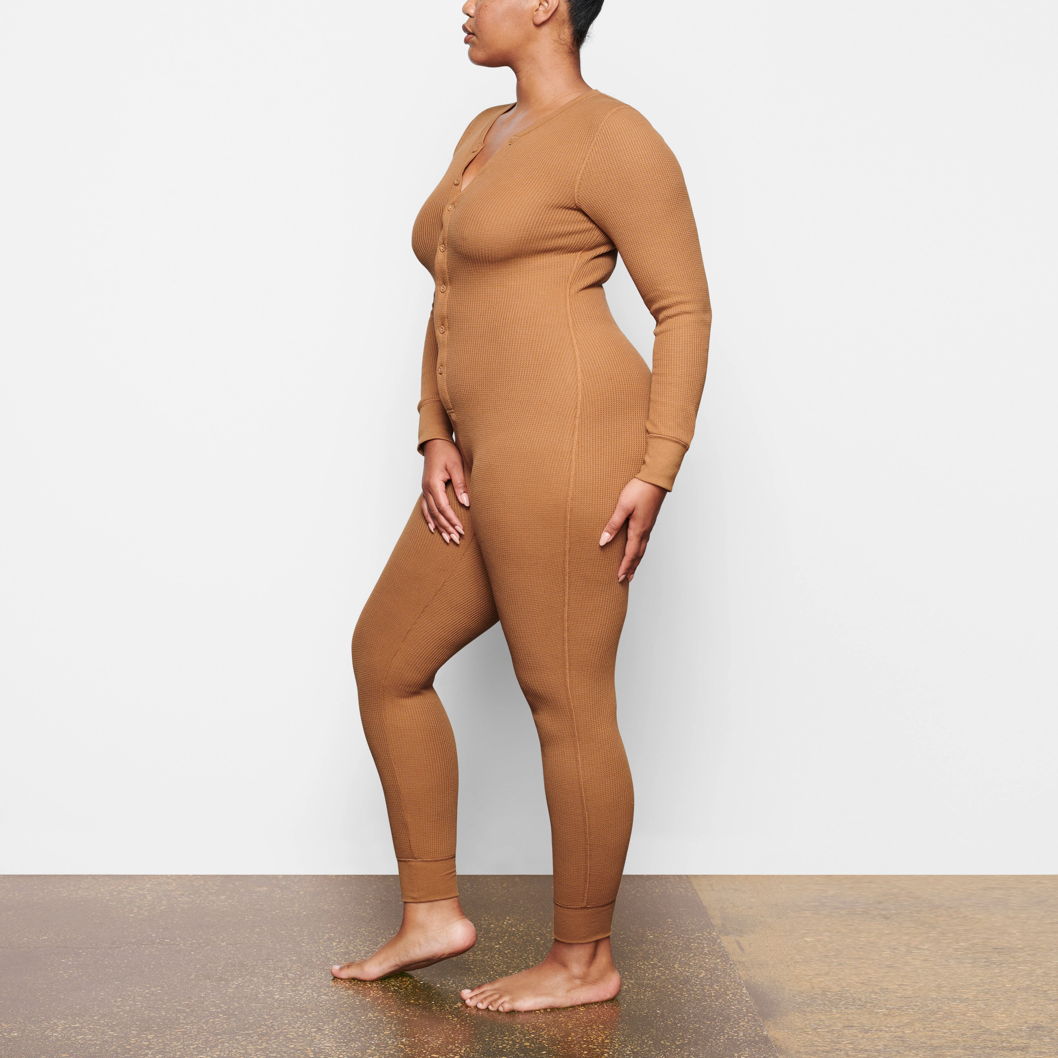 WAFFLE ONESIE ON A MODEL