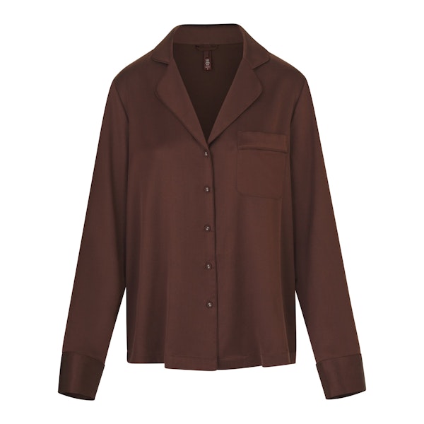 SILK BUTTON UP SHIRT | COCOA LAYS FLAT ON A WHITE BACKGROUND