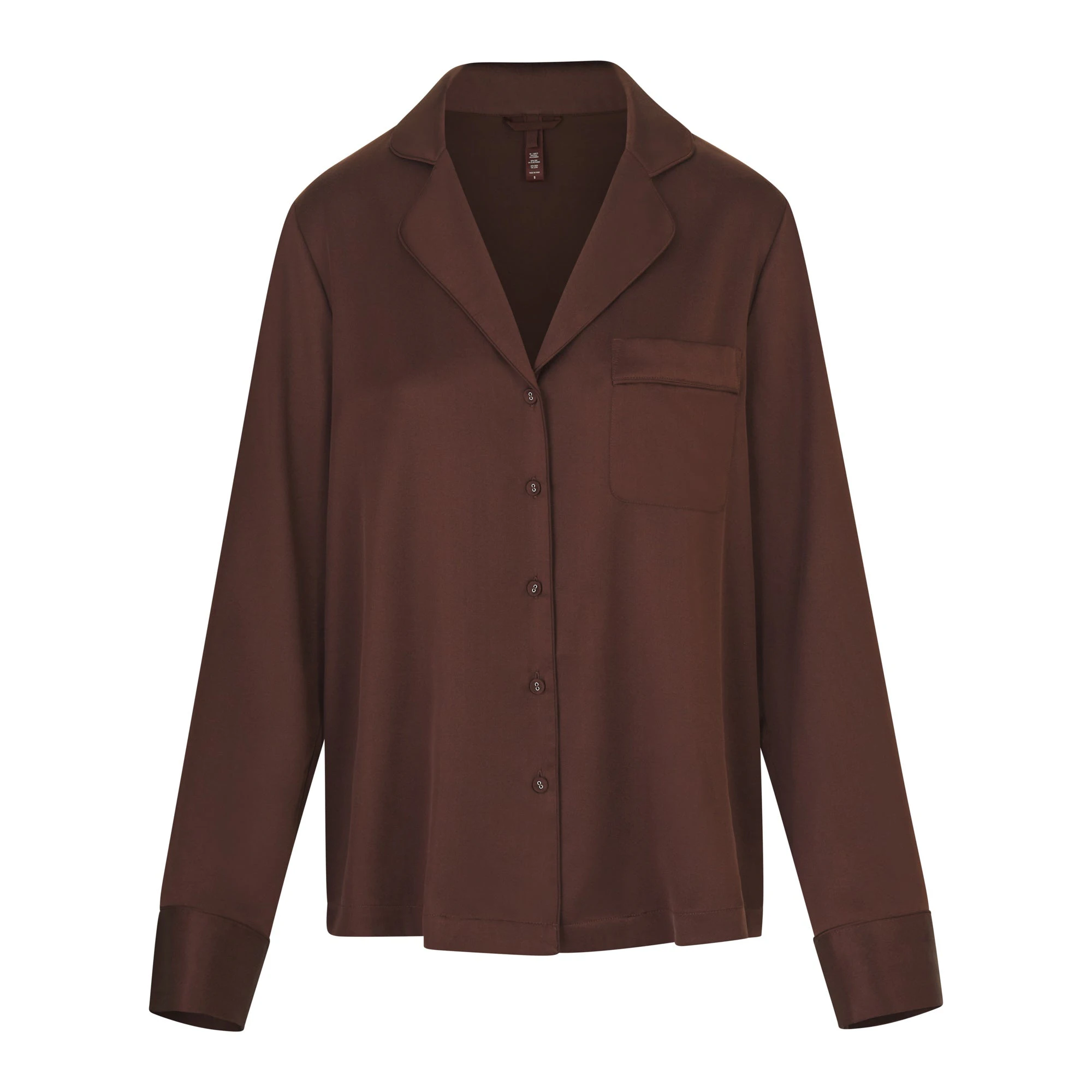 SILK BUTTON UP SHIRT | COCOA LAYS FLAT ON A WHITE BACKGROUND