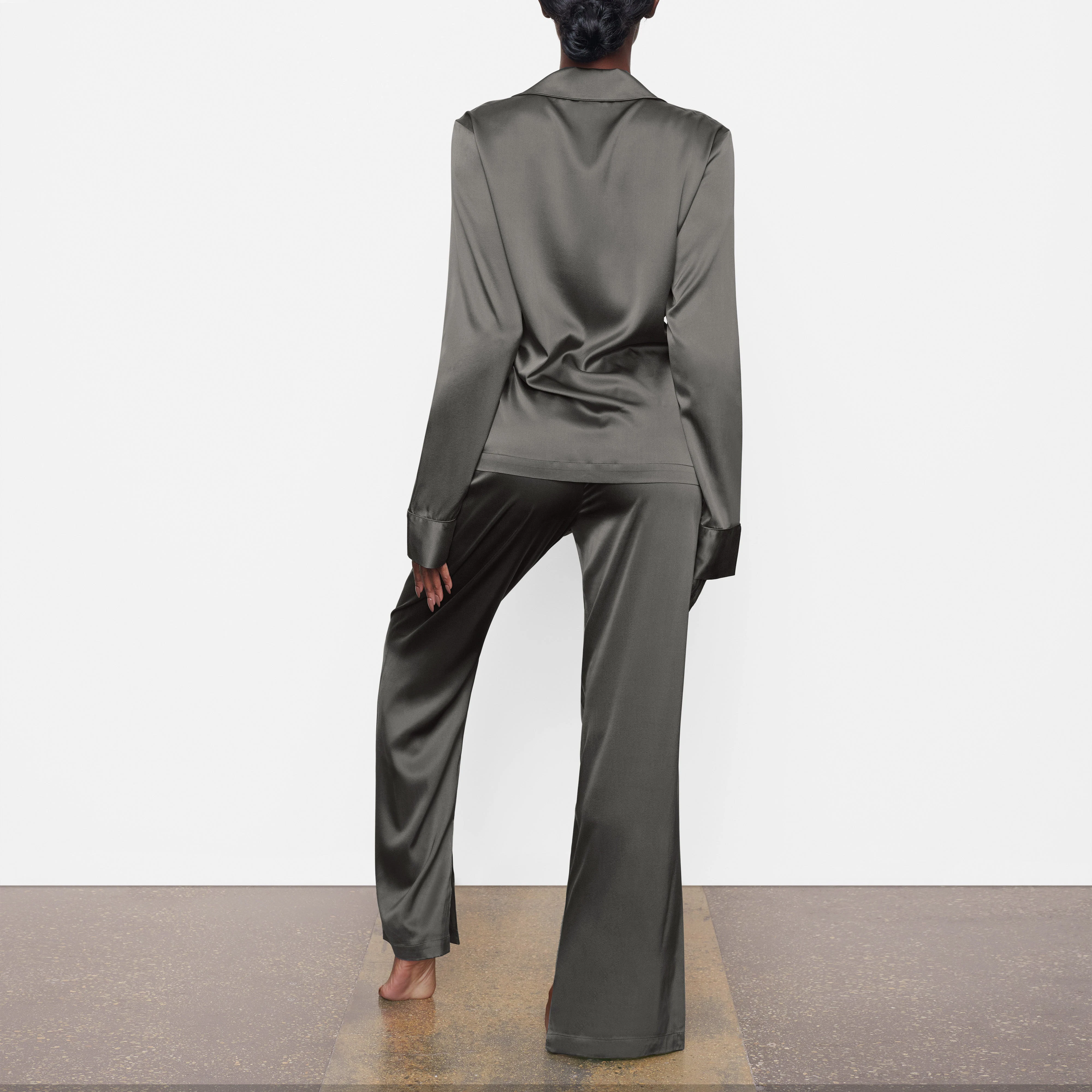 SILK BUTTON UP SHIRT ON A MODEL