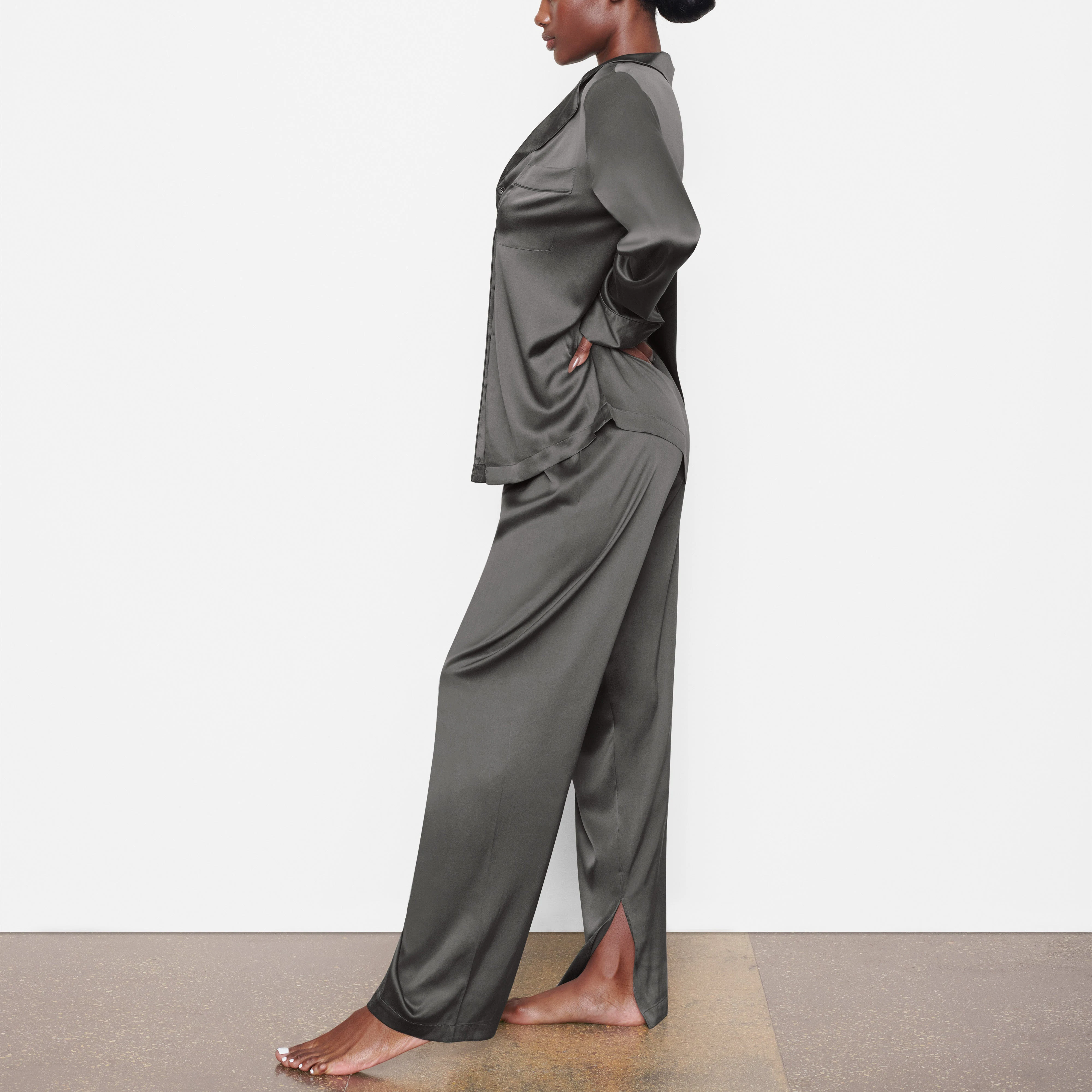 SILK BUTTON UP SHIRT ON A MODEL