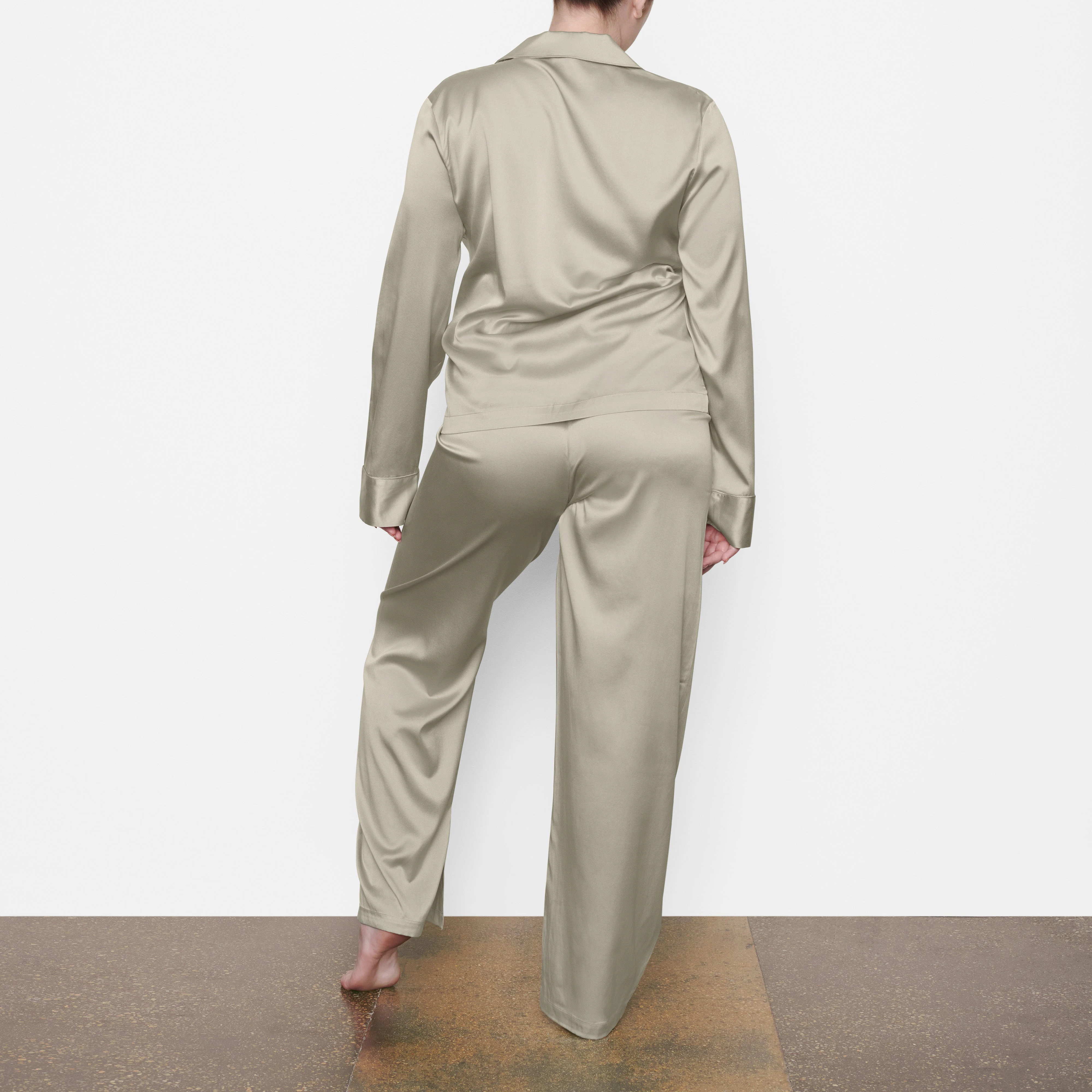 SILK BUTTON UP SHIRT ON A MODEL