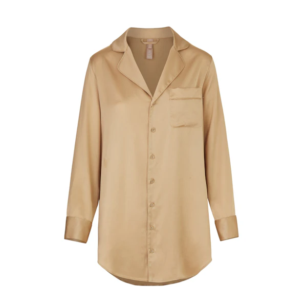 SILK BUTTON UP NIGHT DRESS | HONEY LAYS FLAT ON A WHITE BACKGROUND