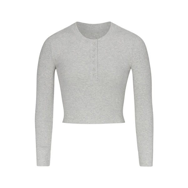COTTON RIB LONG SLEEVE CROP HENLEY | LIGHT HEATHER GREY (LONG SLEEVE T-SHIRTS, TOPS) LAYS FLAT ON A WHITE BACKGROUND | FLT