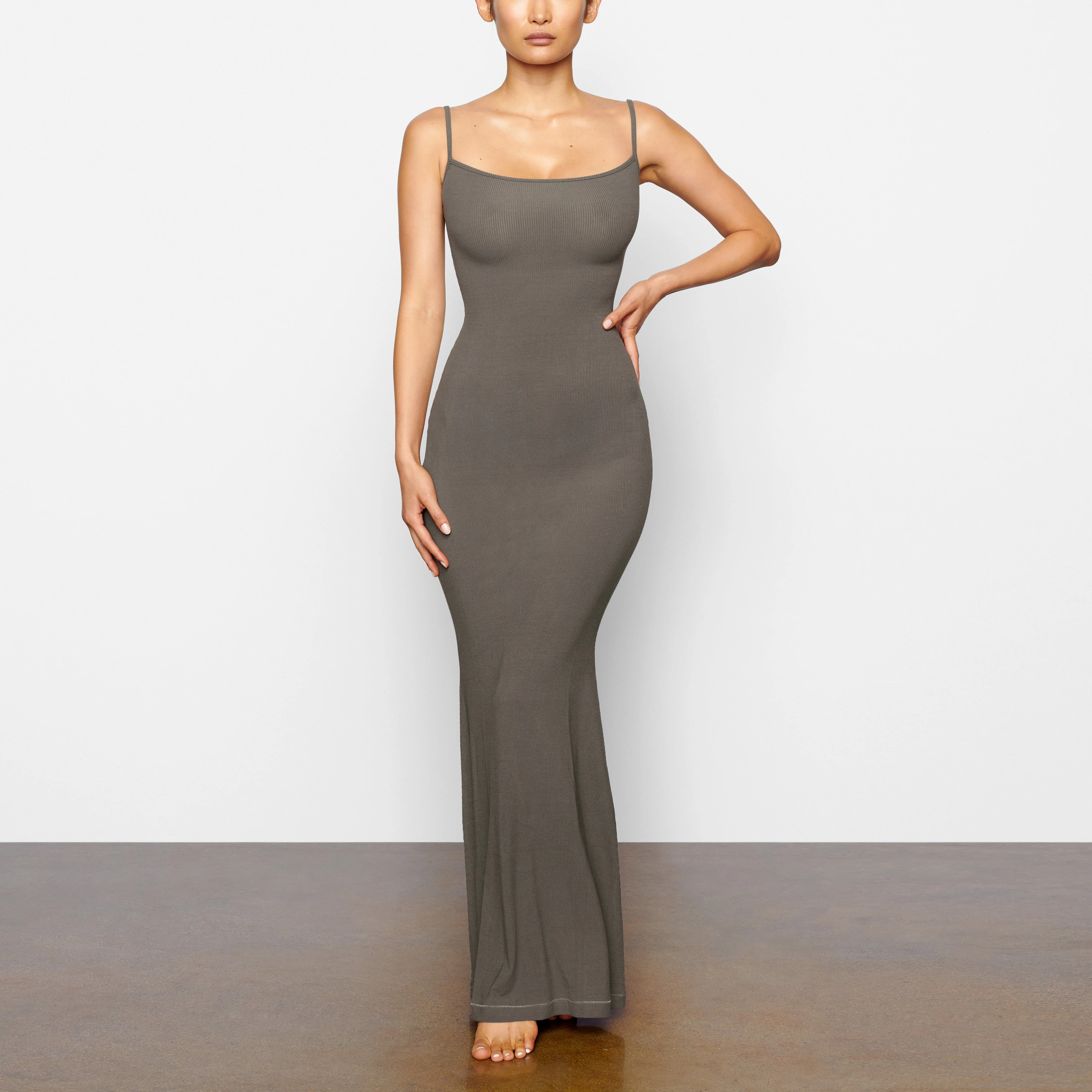 SOFT LOUNGE LONG SLIP DRESS ON A FRONT VIEW OF A MODEL
